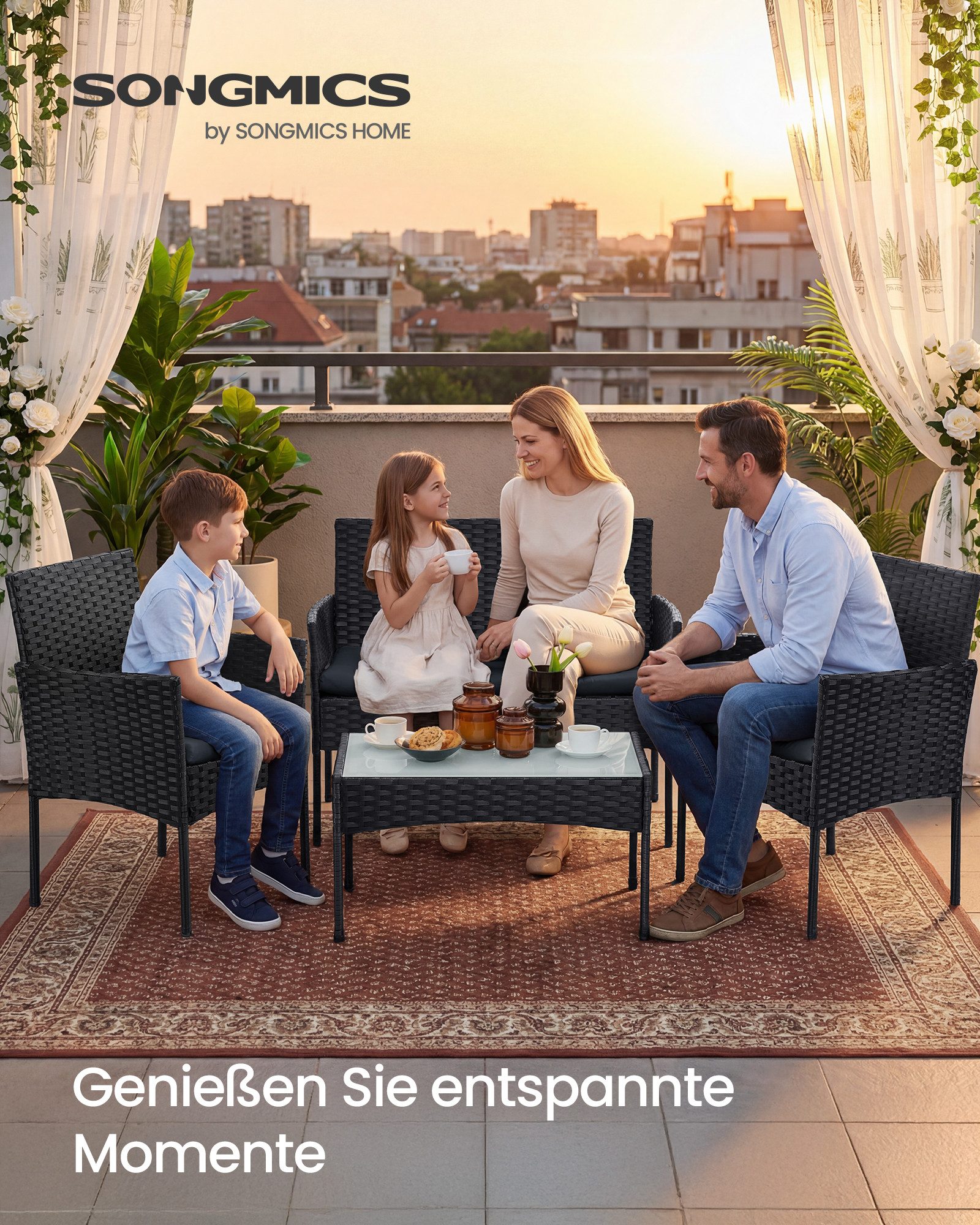 SONGMICS Gartenlounge-Set, (4-tlg., 2 Gartenstuhl, 1 Sofa, 1 Gartentisch, mit Kissen), Balkonmöbel, Terrassenmöbel