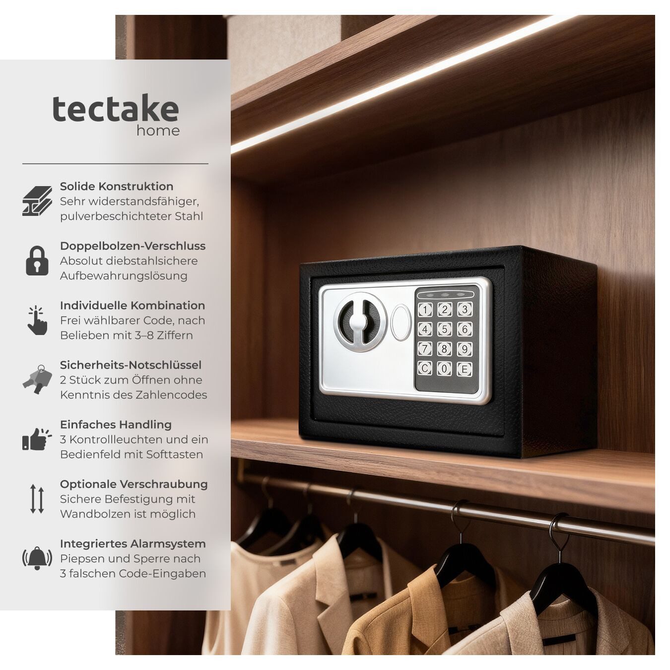 tectake Tresor Elektronischer Safe (17 x 23 x 17 cm, Abmessungen), mit Doppelbolzen-Verschlusssystem