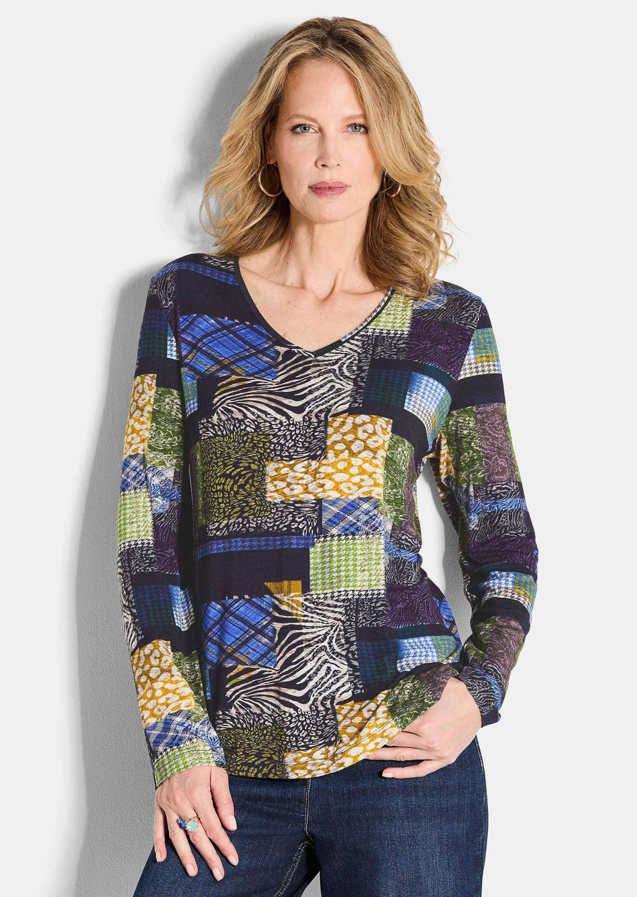 Langarmshirt Langarm Viskose-Shirt mit V-Ausschnitt