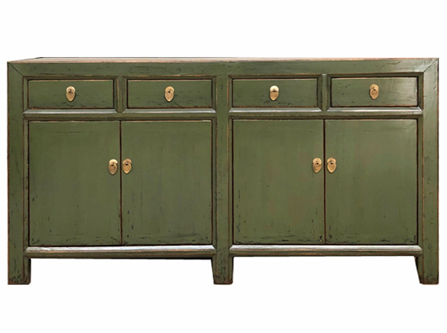 OPIUM OUTLET Sideboard Asia Vintage Kommode Schrank Мебель asiatisch chinesisch orientalisch (Anrichte Buffet, oliv-grün), B x T x H: 150 cm x 40 cm x 85 cm / komplett montiert