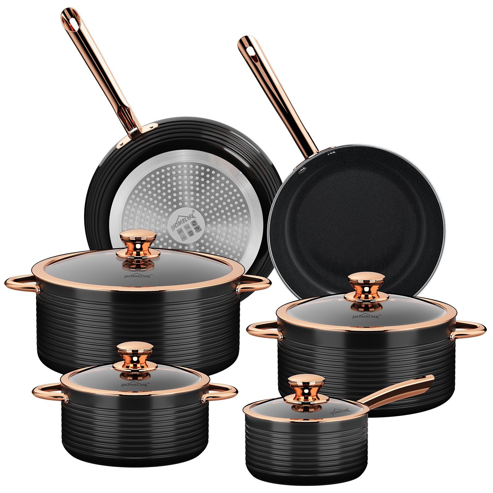 HOMELUX Topf-Set Kochgeschirr-Set, 10tlg Induktions Kochtopfset mit Deckel, Aluminium (Stilvolles Rose Gold, 10-tlg., Kochtopf 20/24/28 + Stieltopf 16 + Pfanne 24/28), induktionsgeeignet