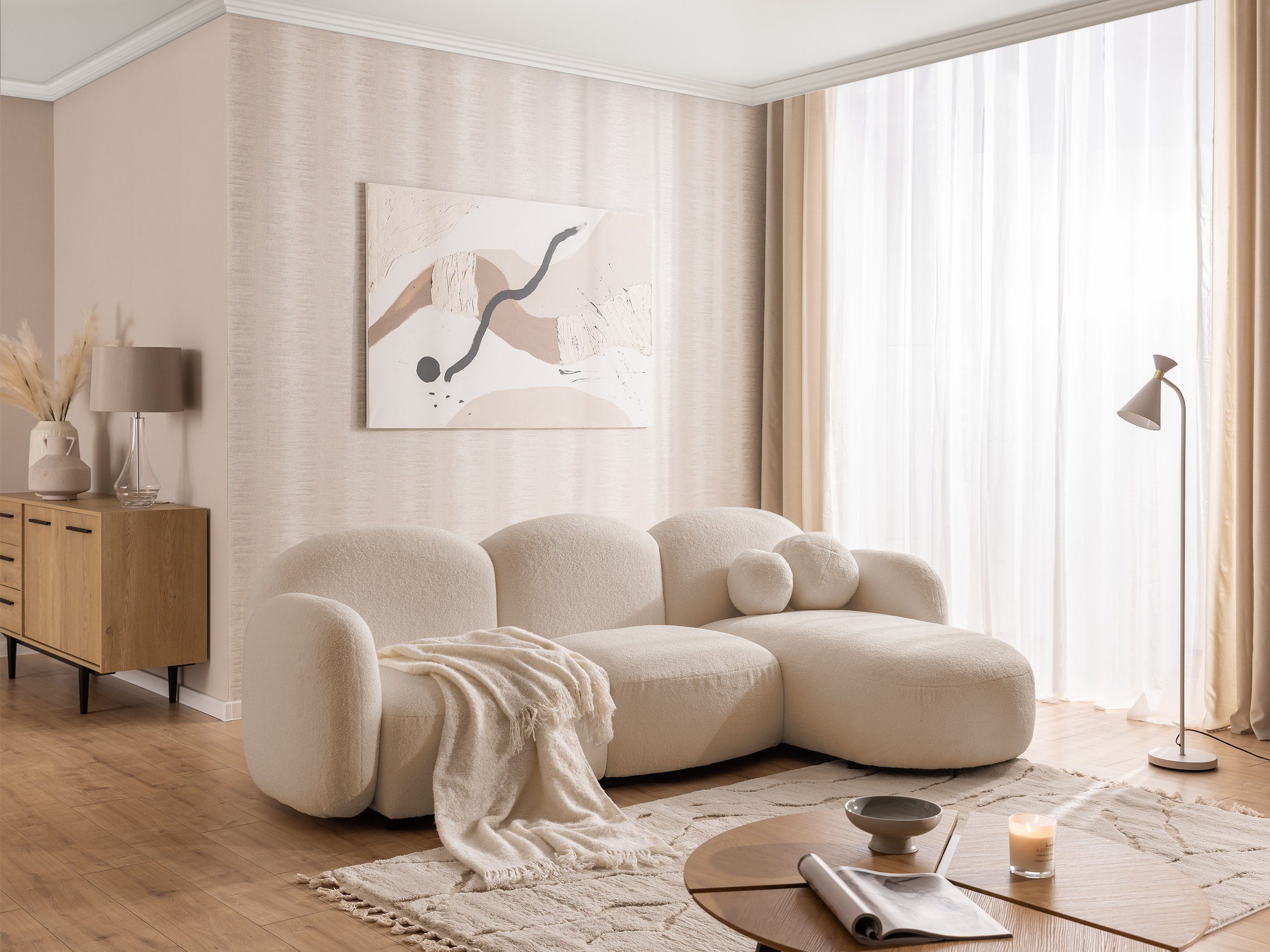 S-Style Möbel Ecksofa Nuvola aus Bouclé-Stoff mit abgerundetem Design und hohem Sitzkomfort, mit Wellenfederung