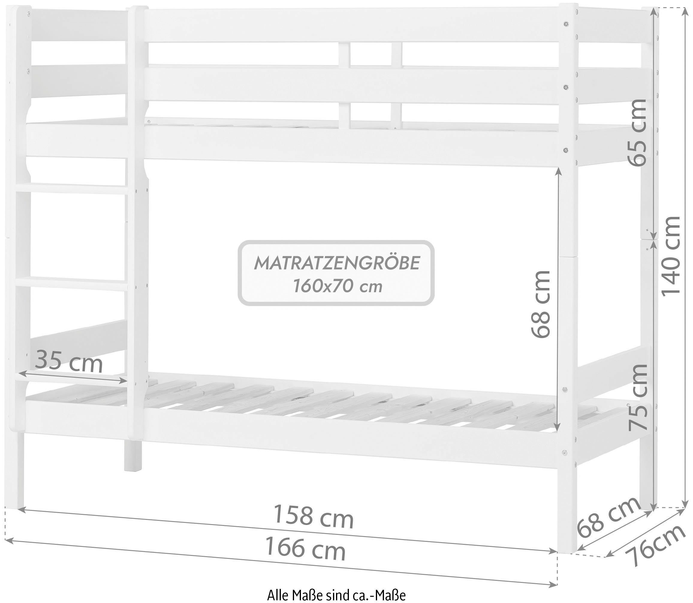 Hoppekids Etagenbett mit aus Massivholz, Lattenrost wählbar ECO Matratze, Comfort, und Weiß Größe wahlweise