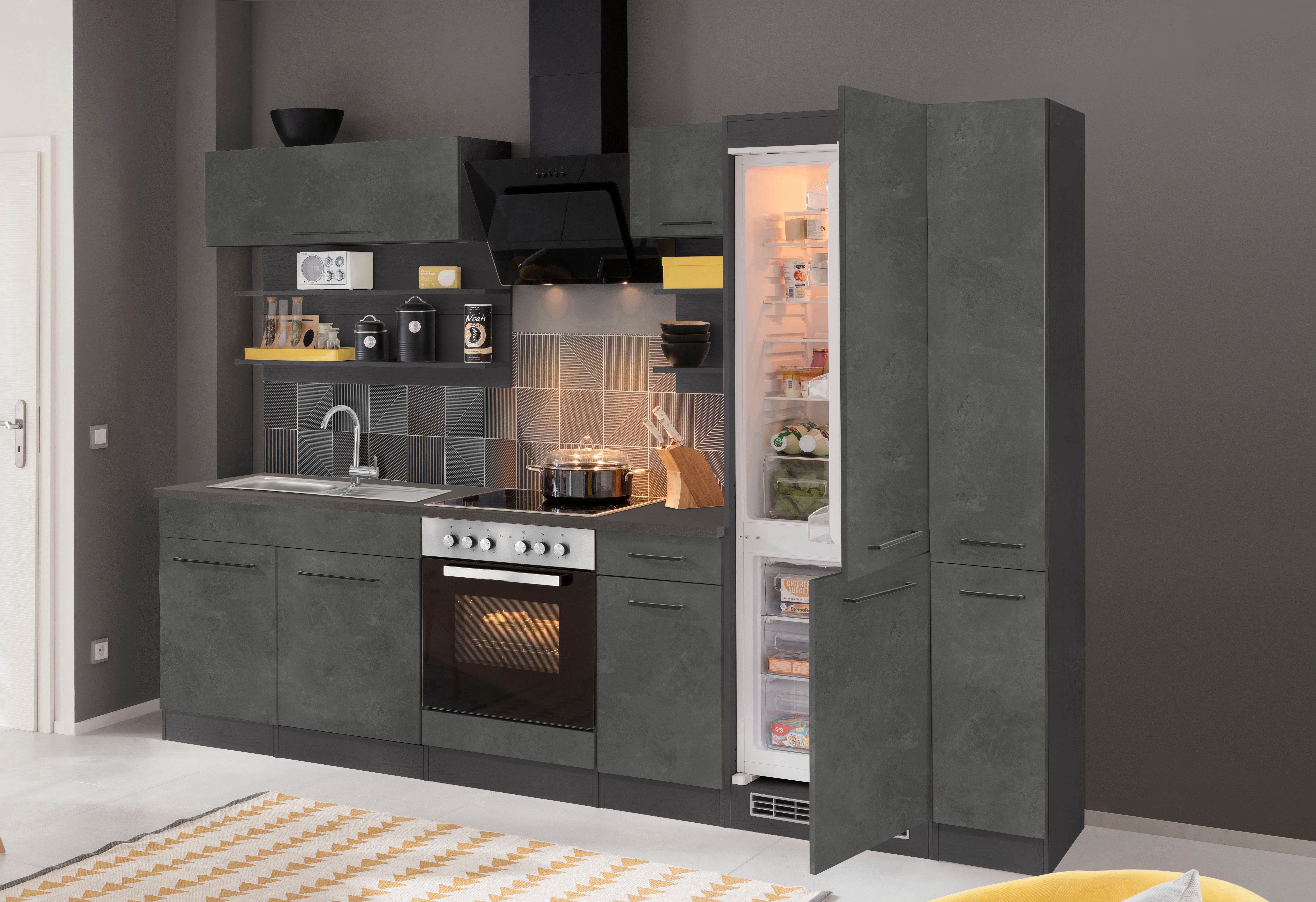 HELD MÖBEL Küchenzeile Tulsa, mit E-Geräten, Breite 300 cm, schwarze Metallgriffe, MDF Fronten