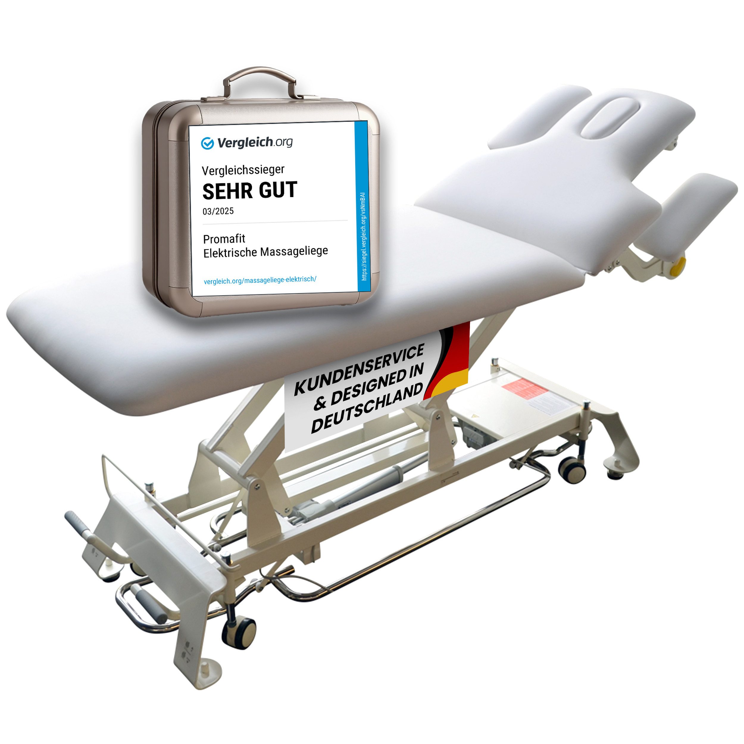 PROMAFIT Massageliege Behandlungsliege Therapieliege Elektrisch Höhenverstellbar "Houston" (Zubehör, 1-St., mit zusätzlicher Kopfstütze und Papierrollenhalter), 2 Zonen Behandlungsliege / Höhenverstellung von ca. 50 cm bis 95,5 cm