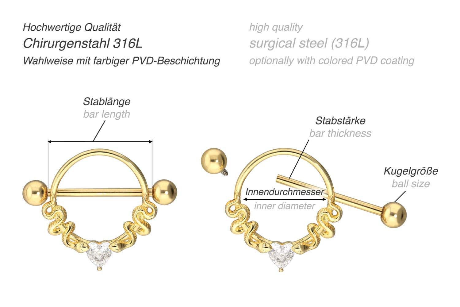 PIERCINGLINE Brustwarzenpiercing Chirurgenstahl Nippelpiercing KRISTALLHERZ + 2 SCHLANGEN (Barbells, 1-tlg), Brust-, Nippel-Piercing, Chirurgenstahl