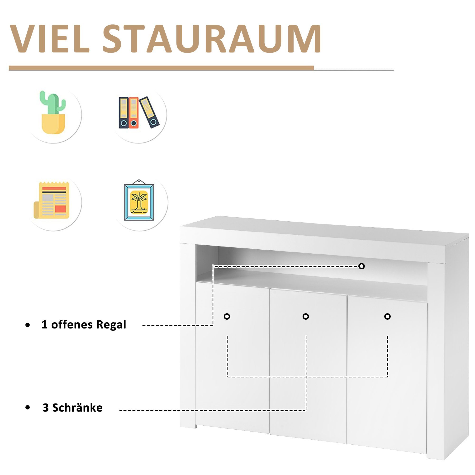 Merax Sideboard mit 3 Türen und 1 offene Fach, Hochglanz Front mit LED,Kommode mit verstellbaren Einlegeböden – Bild 3 von 5