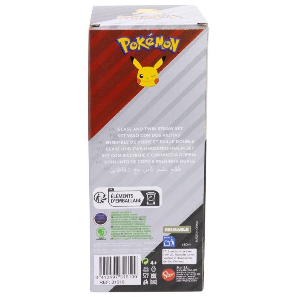 POKEMON JUEGO DE CARTAS Glas 480 ml mit 2 Edelstahl Trinkhalmen, 3-tlg., Glas