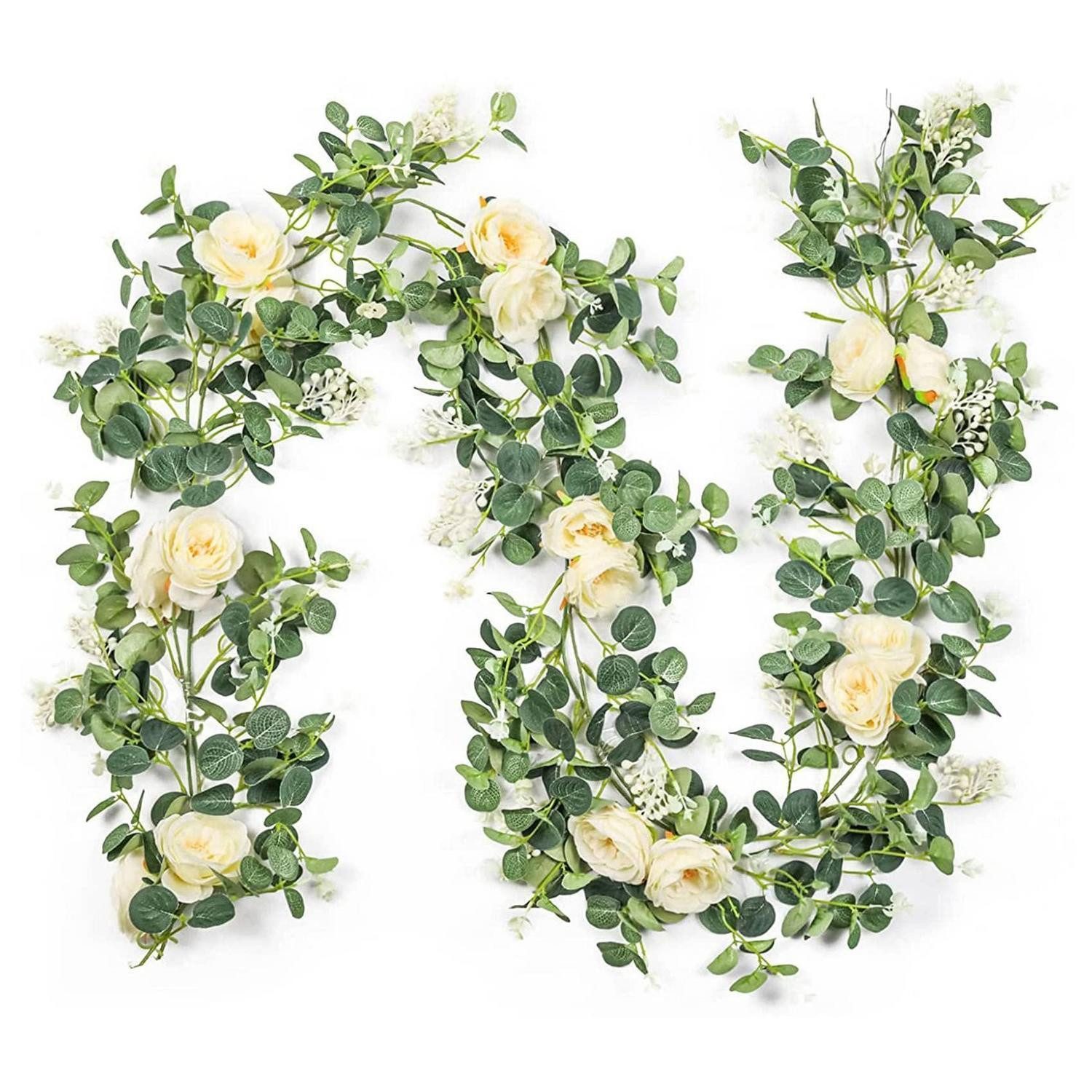Kunstgirlande Eukalyptus Girlande Champagner Rose 2 Stück, LuxusKollektion, Höhe 10 cm