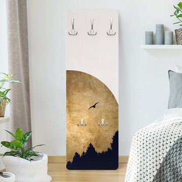 Bilderdepot24 Garderobenpaneel gold Aquarell Bäume Wald Kunst Natur Tiere Goldmond im Wald Design (ausgefallenes Flur Wandpaneel mit Garderobenhaken Kleiderhaken hängend), moderne Wandgarderobe - Flurgarderobe im schmalen Hakenpaneel Design