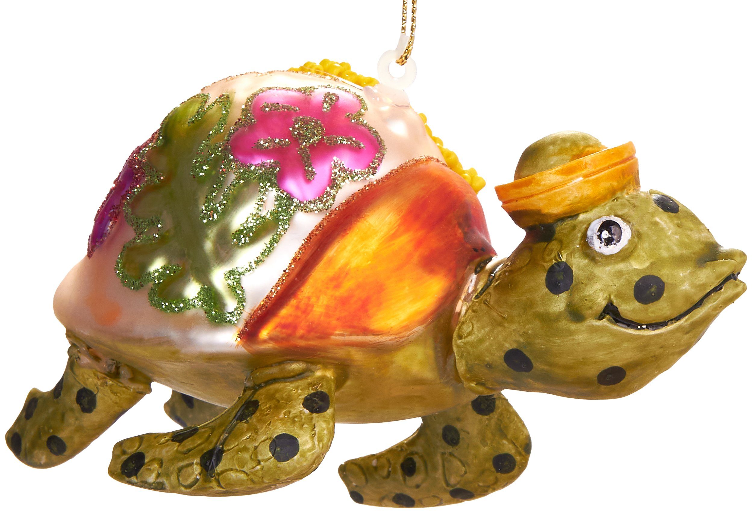 BRUBAKER Christbaumschmuck Mundgeblasene Weihnachtskugel Schildkröte mit Hut, tierischer Weihnachtsschmuck-Anhänger aus Glas, handbemalt - 11 cm