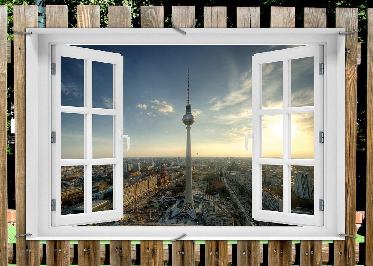 Thumbnail - Wallario Sichtschutzzaunmatten Fernsehturm Berlin mit Panoramablick über die Stadt, mit Fenster-Illusion