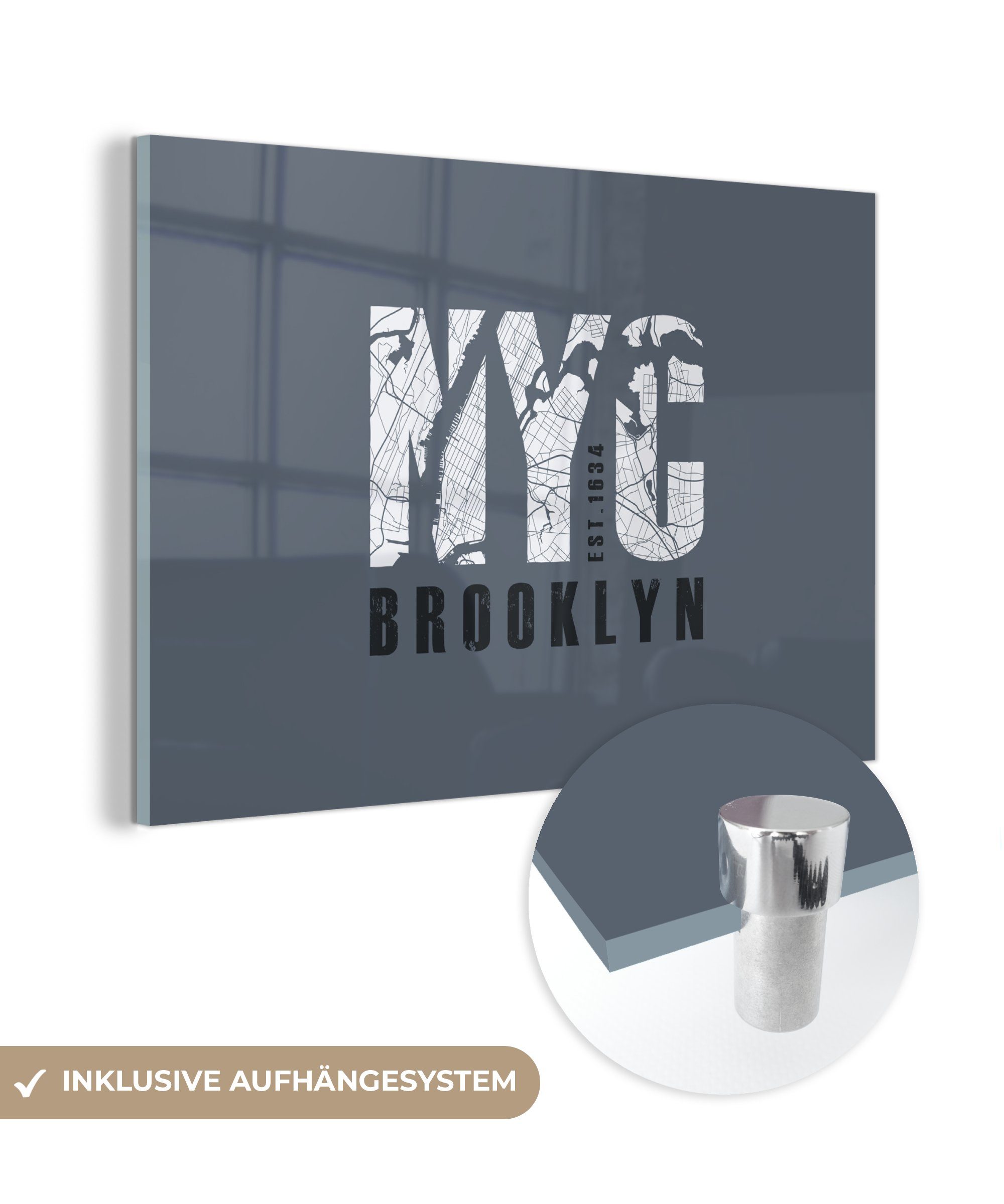 MuchoWow Acrylglasbild New York - Brooklyn - Blau, (1 St), Acrylglasbilder Wohnzimmer & Schlafzimmer