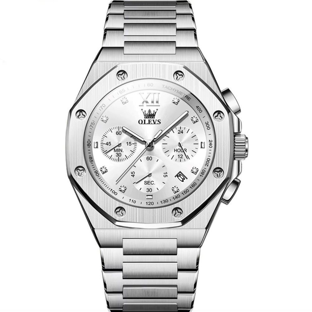 Quarzuhr Olevs 3626 Zifferblatt Silber Chrono Herrenuhr Bullauge 3626