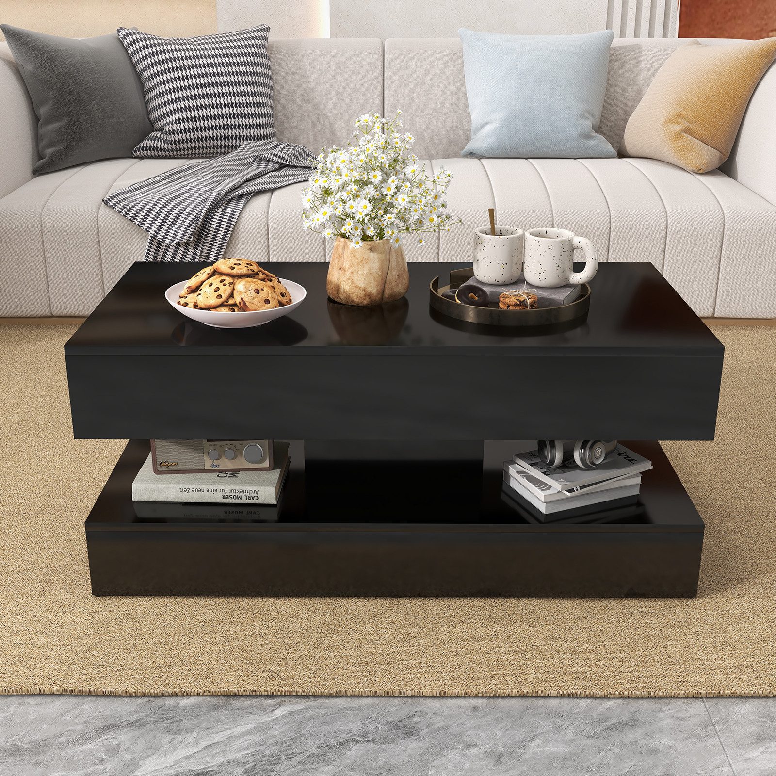 JOIVI Couchtisch Couchtisch im Hochglanz Moderner Kaffeetisch mit 2 Schuhbladen (Wohnzimmertisch in 100 x50x45cm), Sofatisch für Wohnzimmer, Schlafzimmer, Büro, Schwarz