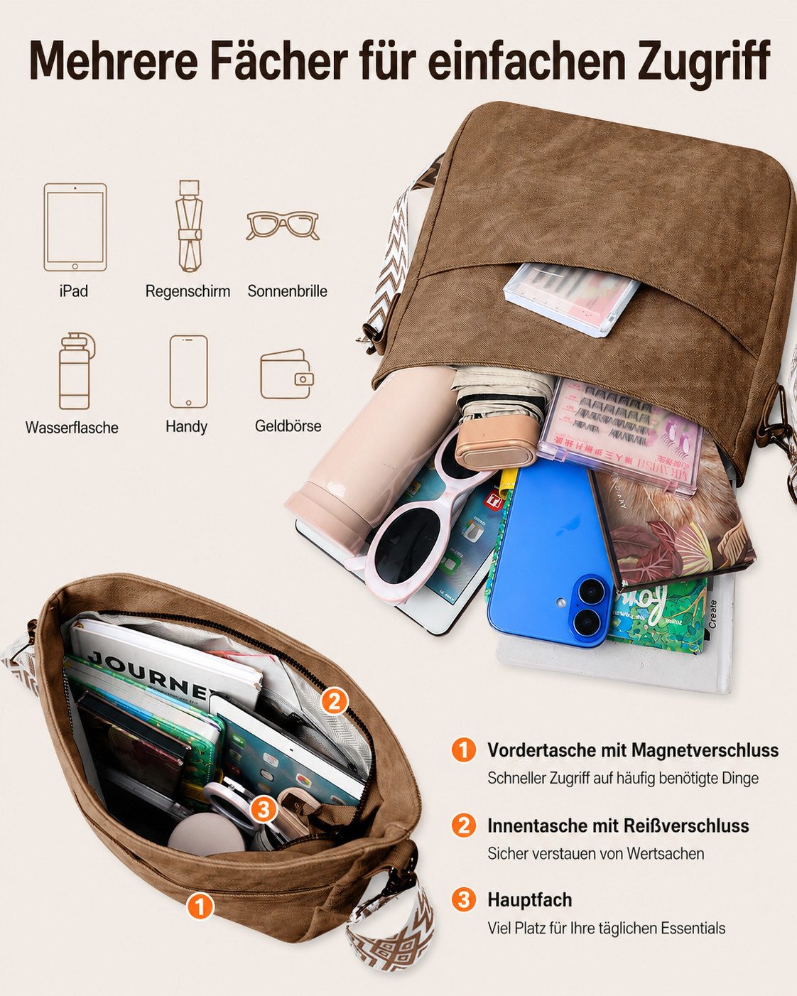 Forrlite Schultertasche Mittel Damen Umhängetasche Crossbody Bag Leicht Tasche Bag (Damen Handtasche, für den täglichen Gebrauch, zum Pendeln), Breiter Gurt,PU-Material,28*26*8cm, Damen Geschenke