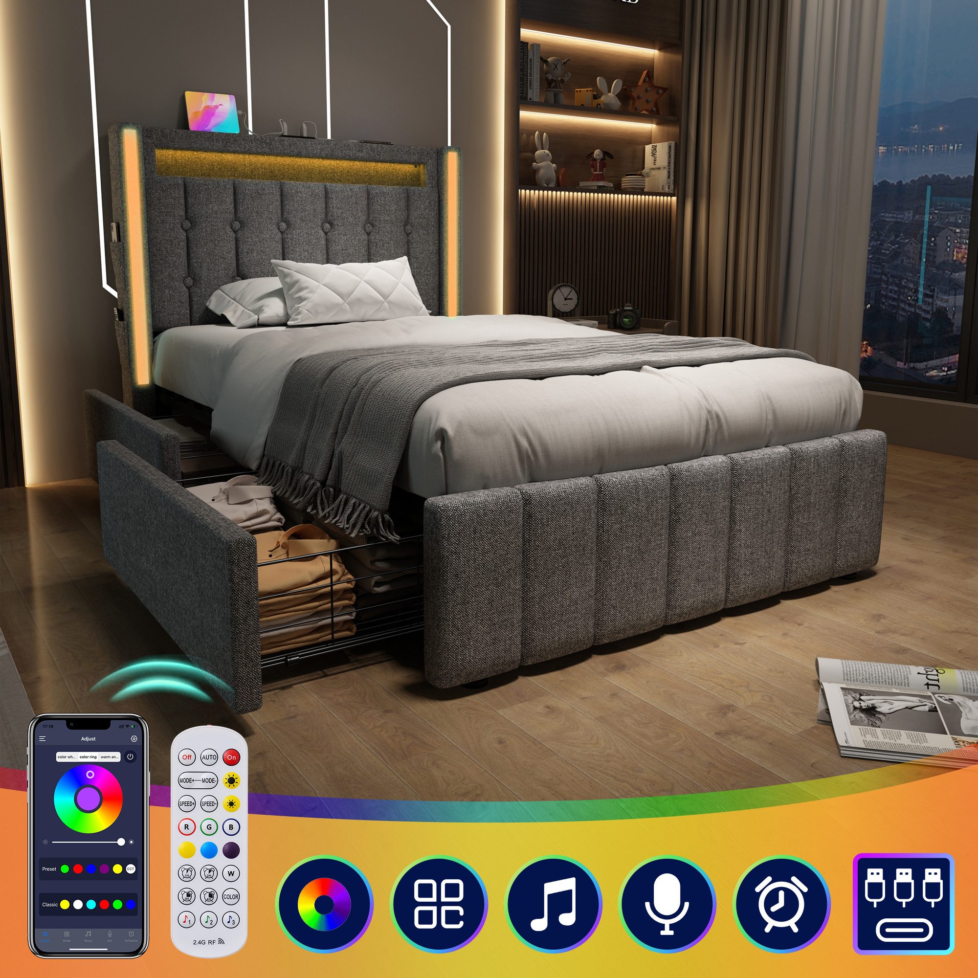 MODFU Polsterbett mit LED Beleuchtung und günstig online kaufen