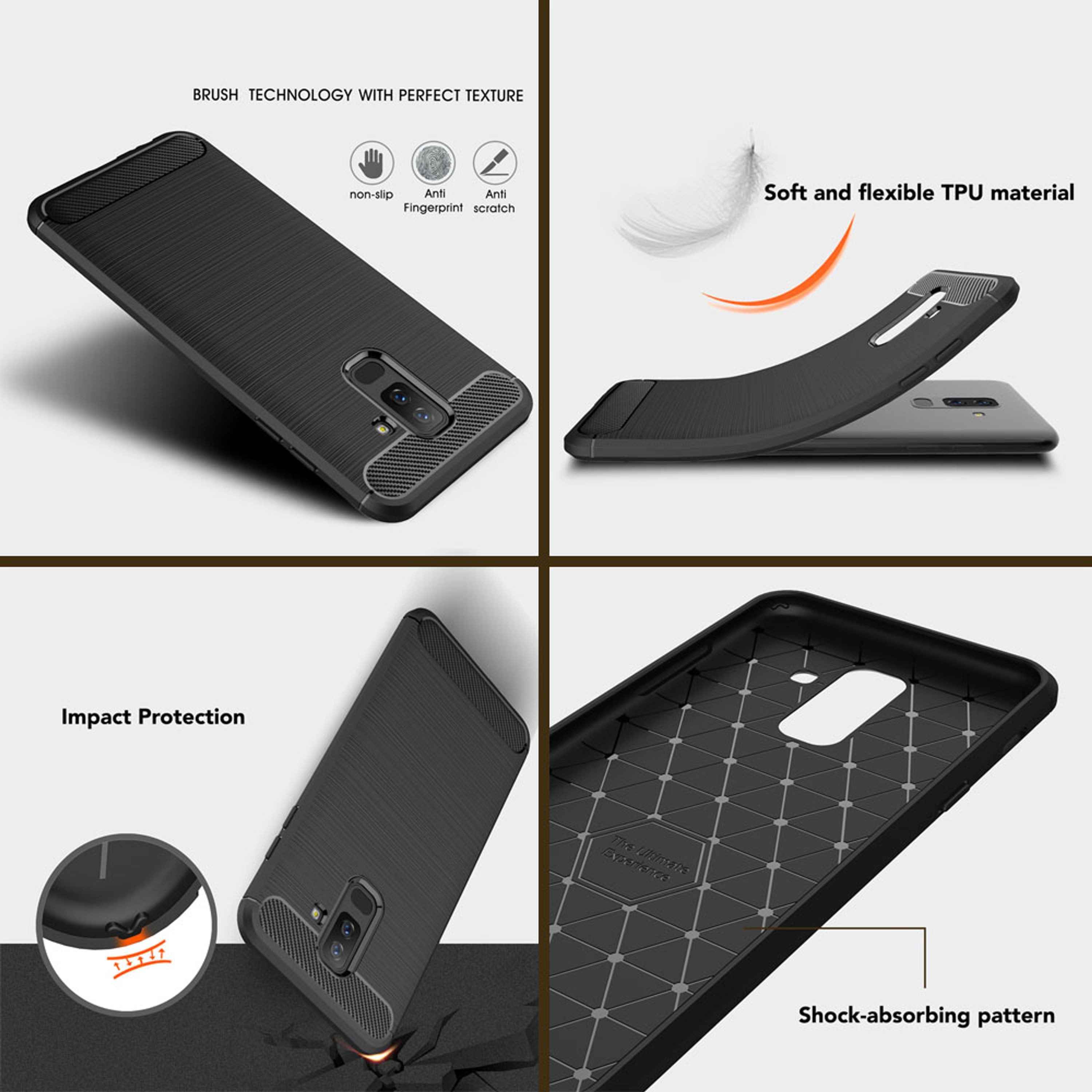 Nalia Smartphone-Hülle Samsung Galaxy A6 Plus 15,2 cm (6 Zoll), Carbon Look Silikon Hülle / Matt Schwarz / Rutschfest / Karbon Optik