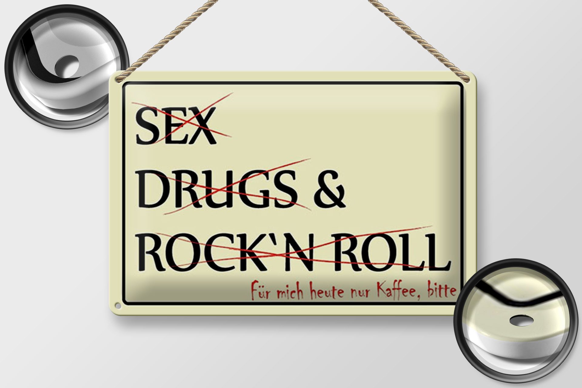 Femer GmbH Metallschild Spruch 30x20cm Sex Drugs Rock nur Kaffee bitte, (1 St), gewölbte Oberfläche, abgerundete Ecken, umgeschlagene Kanten