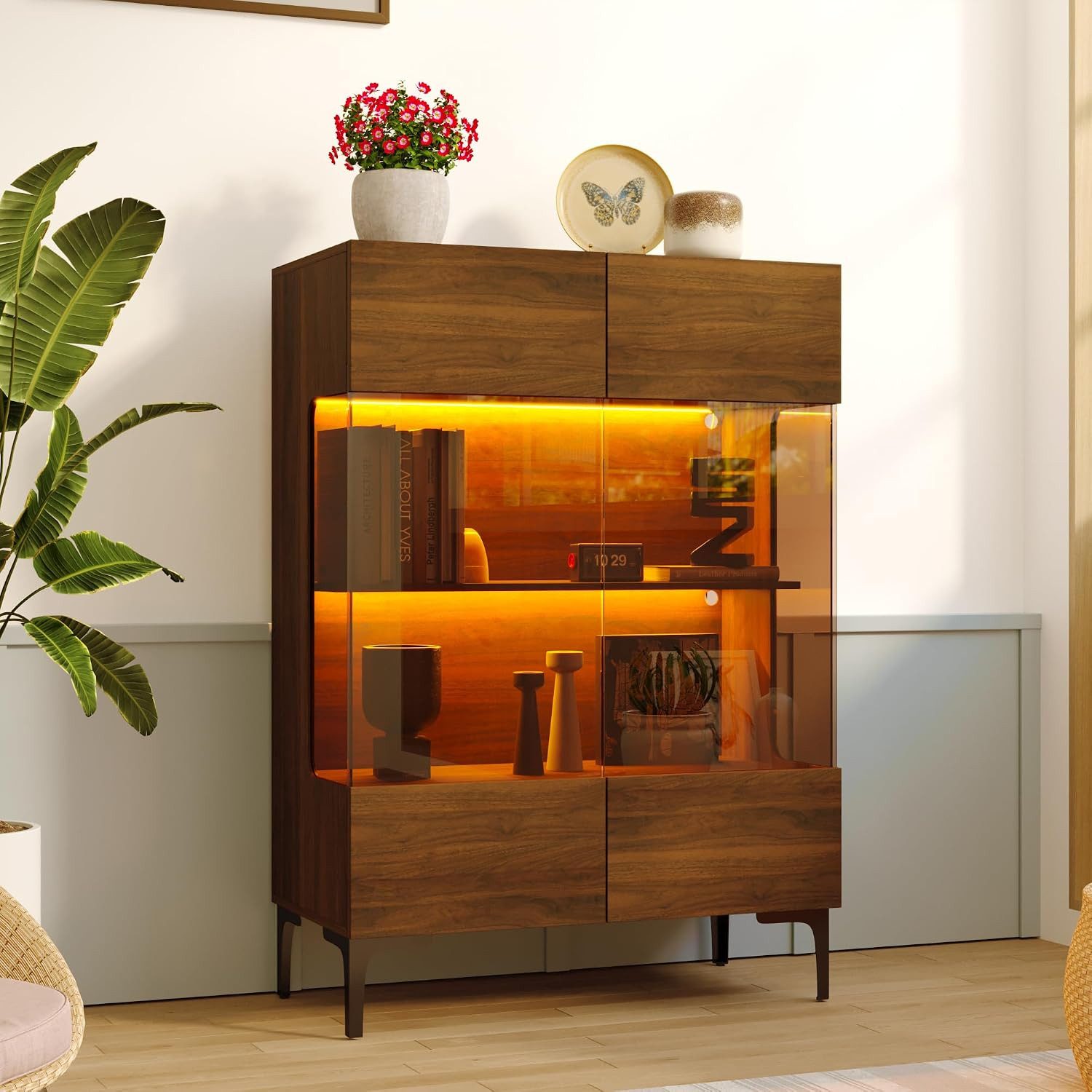 FUFU&GAGA Glasvitrine 115cm hoch, Vitrinenschrank mit LED und Glastüren