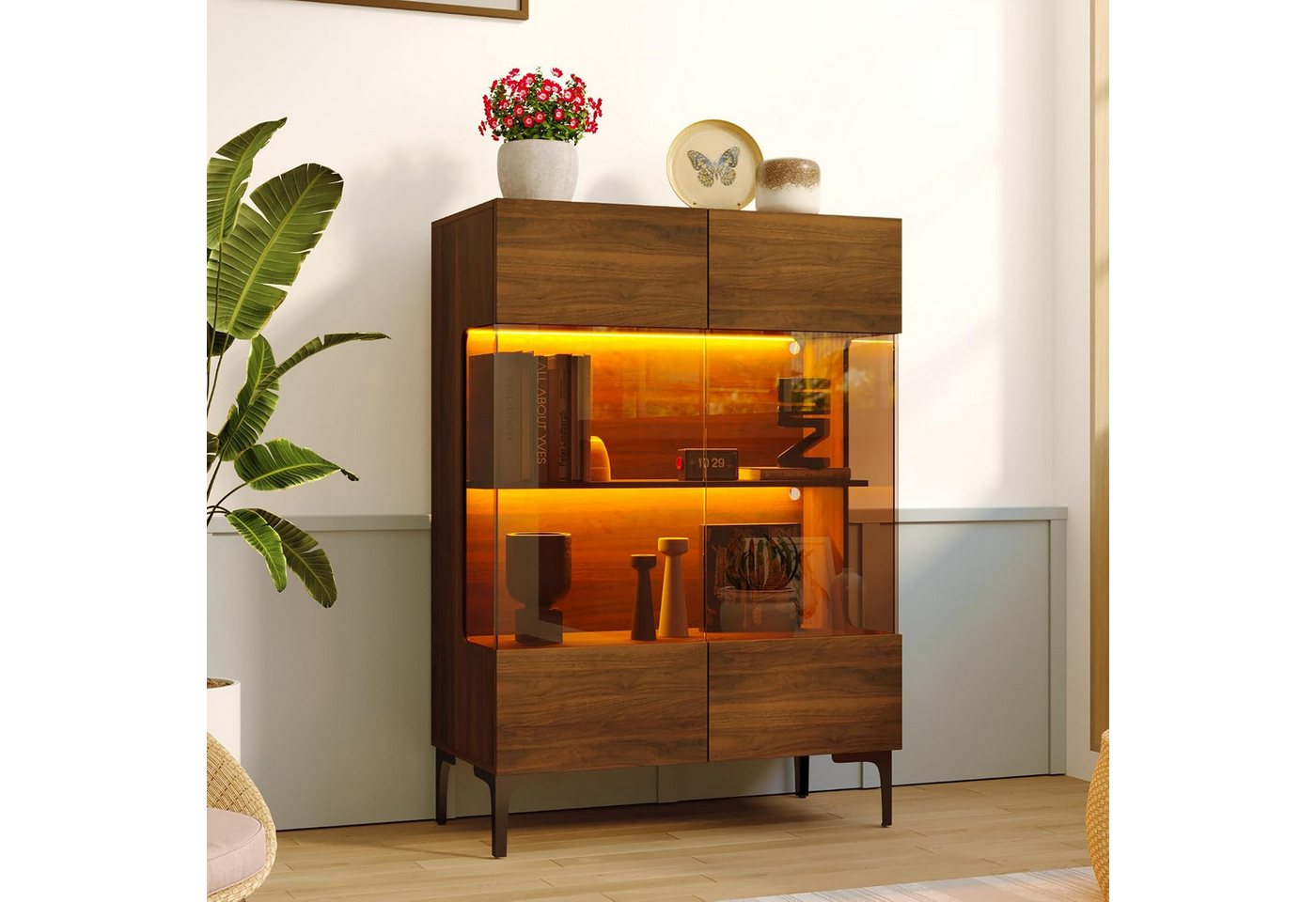 FUFU&GAGA Glasvitrine 115cm hoch, Vitrinenschrank mit LED und Glastüren