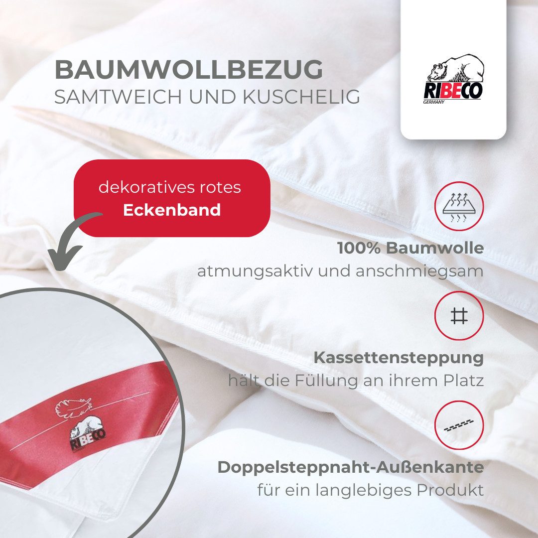 RIBECO Daunenbettdecke Johanna, Bettdecke in 135x200 und 155x220cm und weiteren Größen, Füllung: 80% Daunen, 20% Federn, Bezug: 100% Baumwolle, Topseller, Daunen und Federn, Daunendecke, Federdecke, Made in Germany