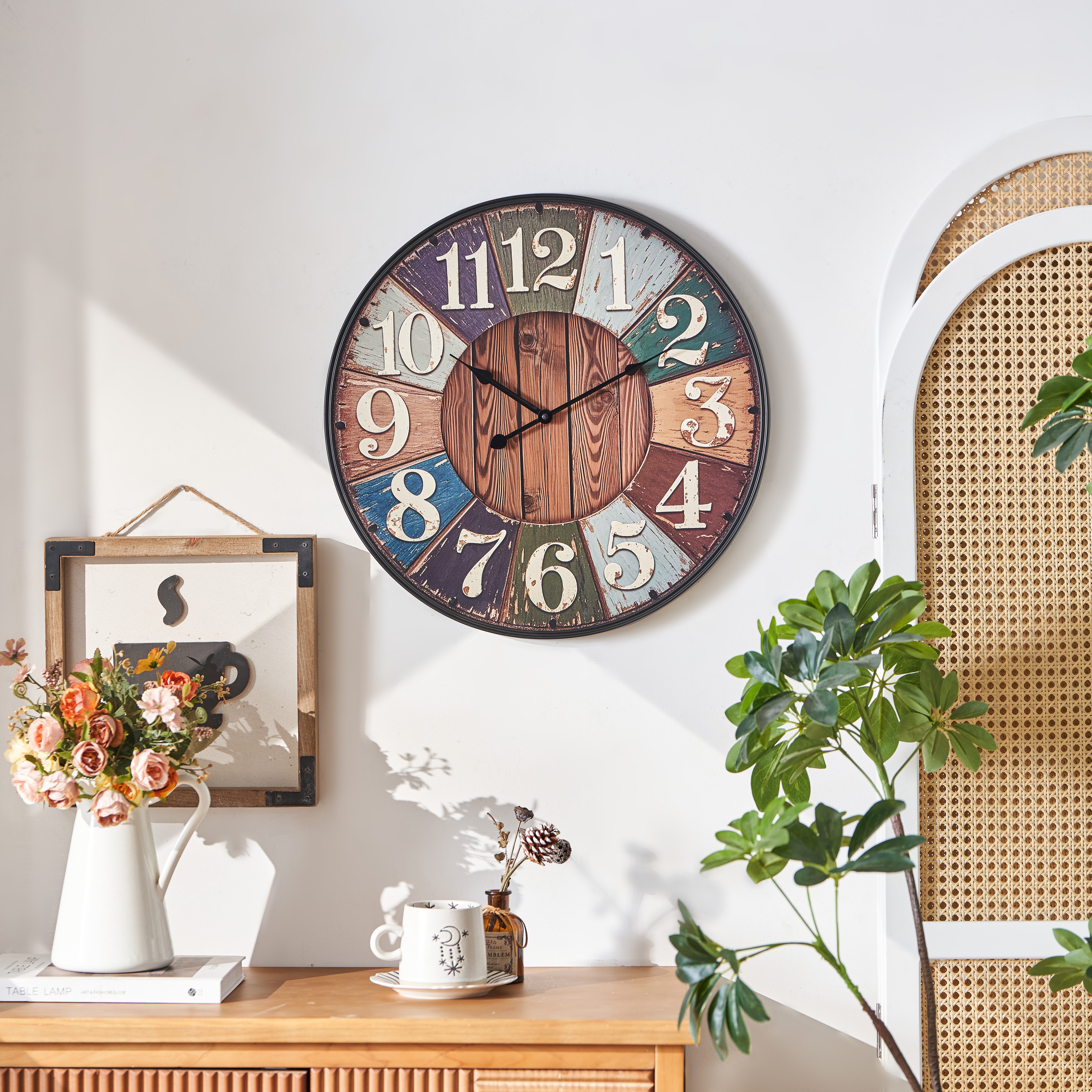 K&L Wall Art Wanduhr Große Vintage Holzuhr Landhaus Wanduhr ohne Tickgeräusche (Retro Stil, leises Uhrwerk)