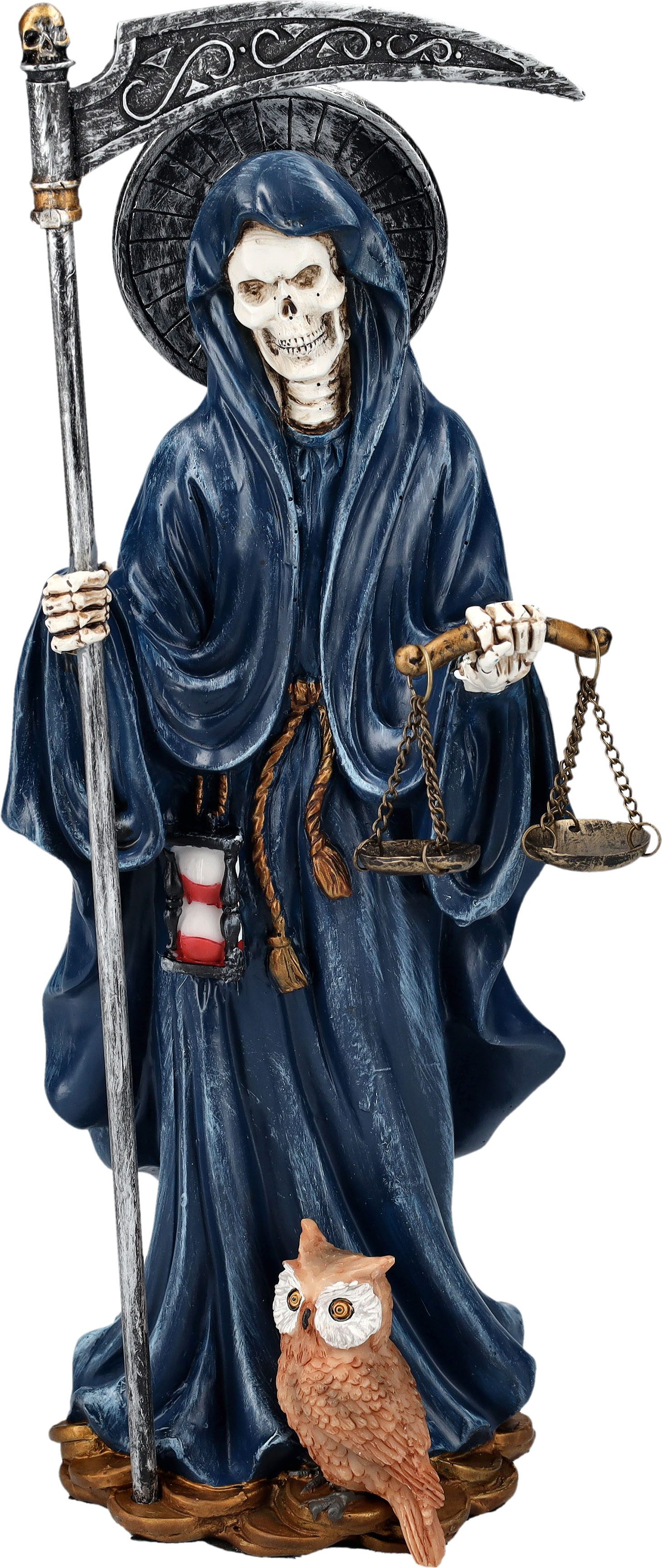 Figuren Shop GmbH Fantasy-Figur Santa Muerte Figur mit Waage blau Gothic Grim Reaper Fantasy Dekofigur
