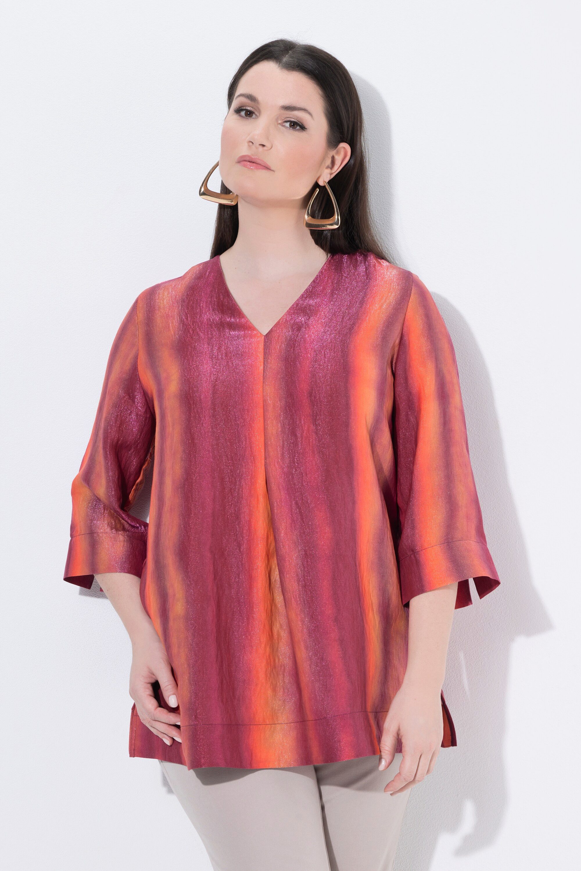 Ulla Popken Druckbluse Tunika Farbverlauf Glitter V-Ausschnitt 3/4-Arm