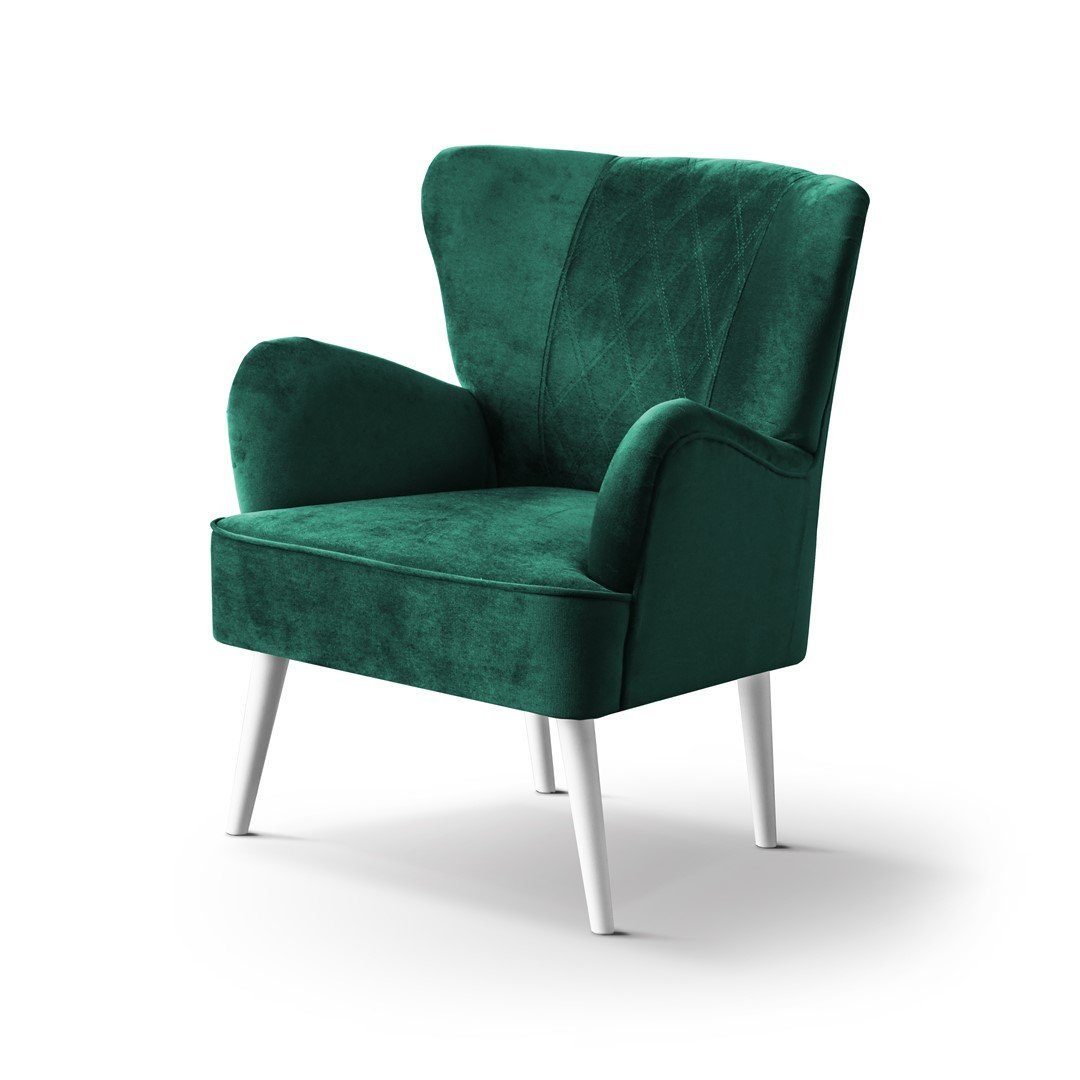 Holzbeine grün Sessel (Polstersessel Wohnzimmer), dekoratives Nähen für (kronos Flasches velours, mit aus in Beautysofa skandinavisches Hagi 19) Stil,