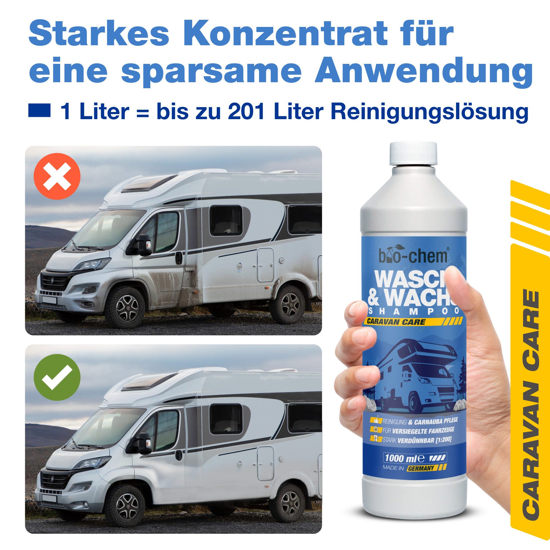 bio-chem Caravan Wasch&Wachs Shampoo 1L Konzentrat mit Carnaubawachs pH-neutral Autoshampoo (Wasch & Wachs Shampoo 1 L + Dosierbecher)