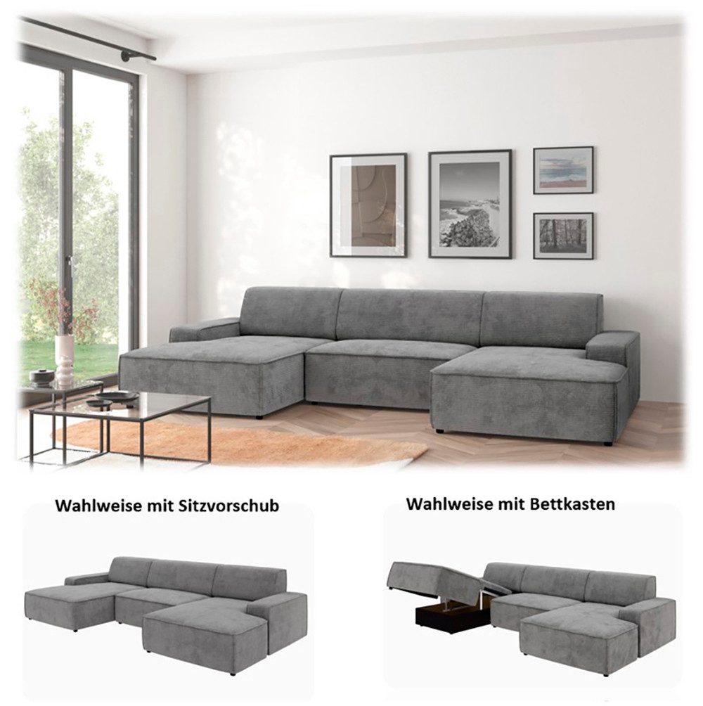 TRENDMANUFAKTUR Wohnlandschaft Graz, wahlweise mit Sitzvorschub und Bettkasten, U-Form, Breite 329 cm, in Cord-, haustierfreundlichem LEO Struktur- oder LUMOS-3D-Bezug