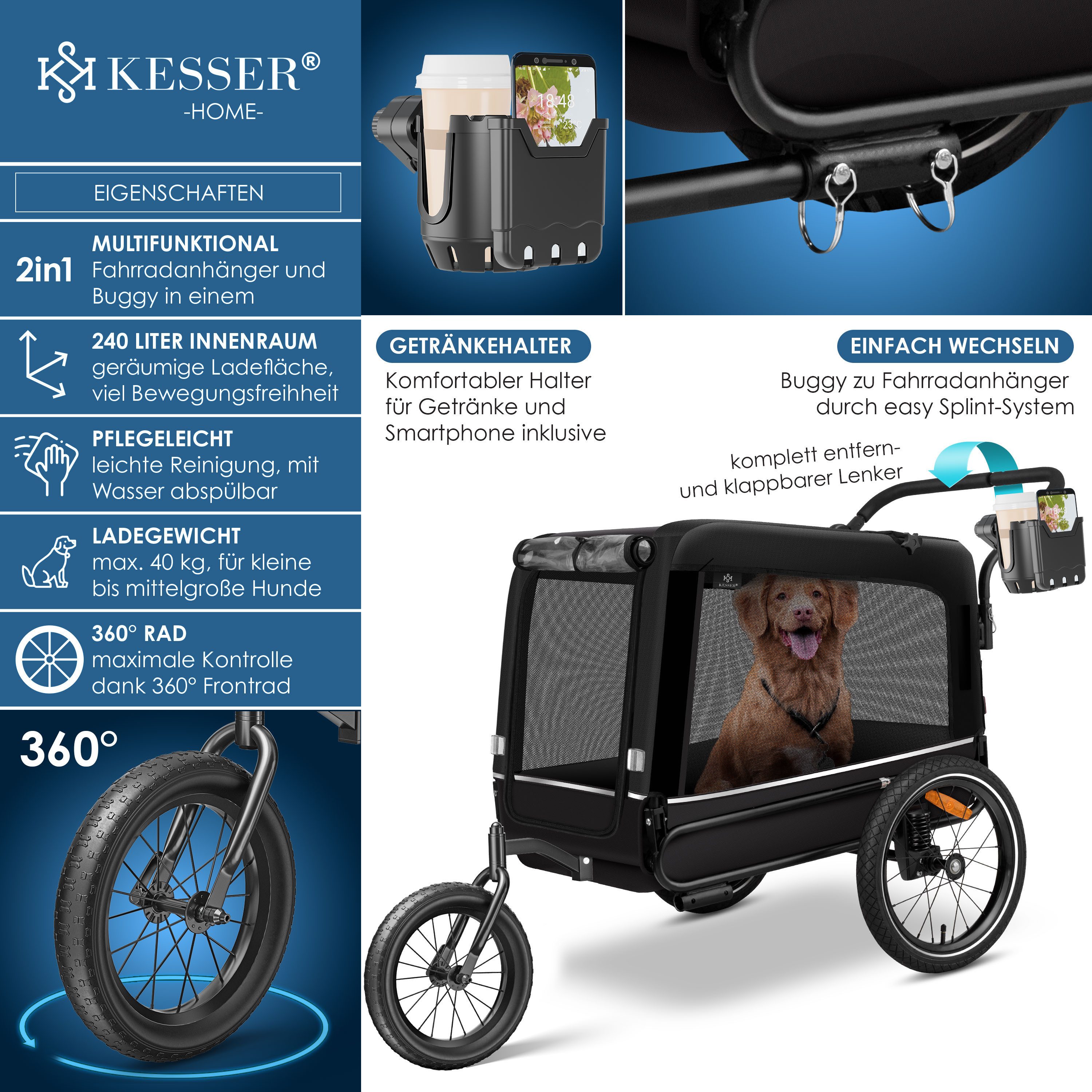 KESSER Fahrradhundeanhänger, Hundeanhänger Boxer 3-in-1 Hundebuggy Jogger Fahrradanhänger