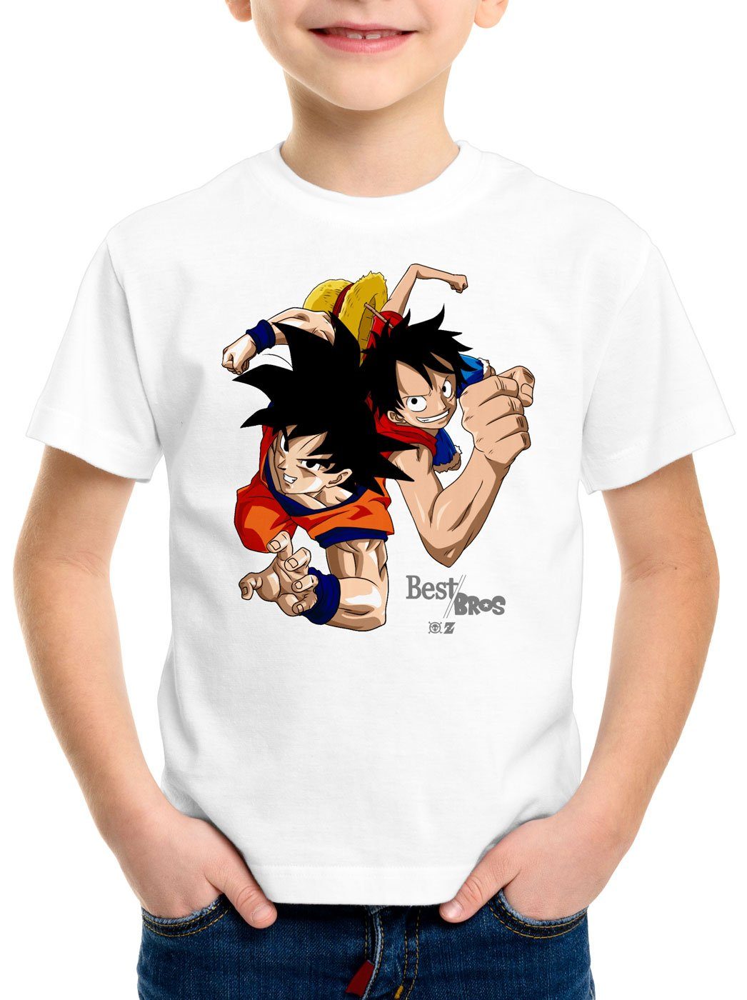 style3 Print-Shirt Kinder T-Shirt Goku Ruffy - Best Bro's strohhut z saiyan weiß