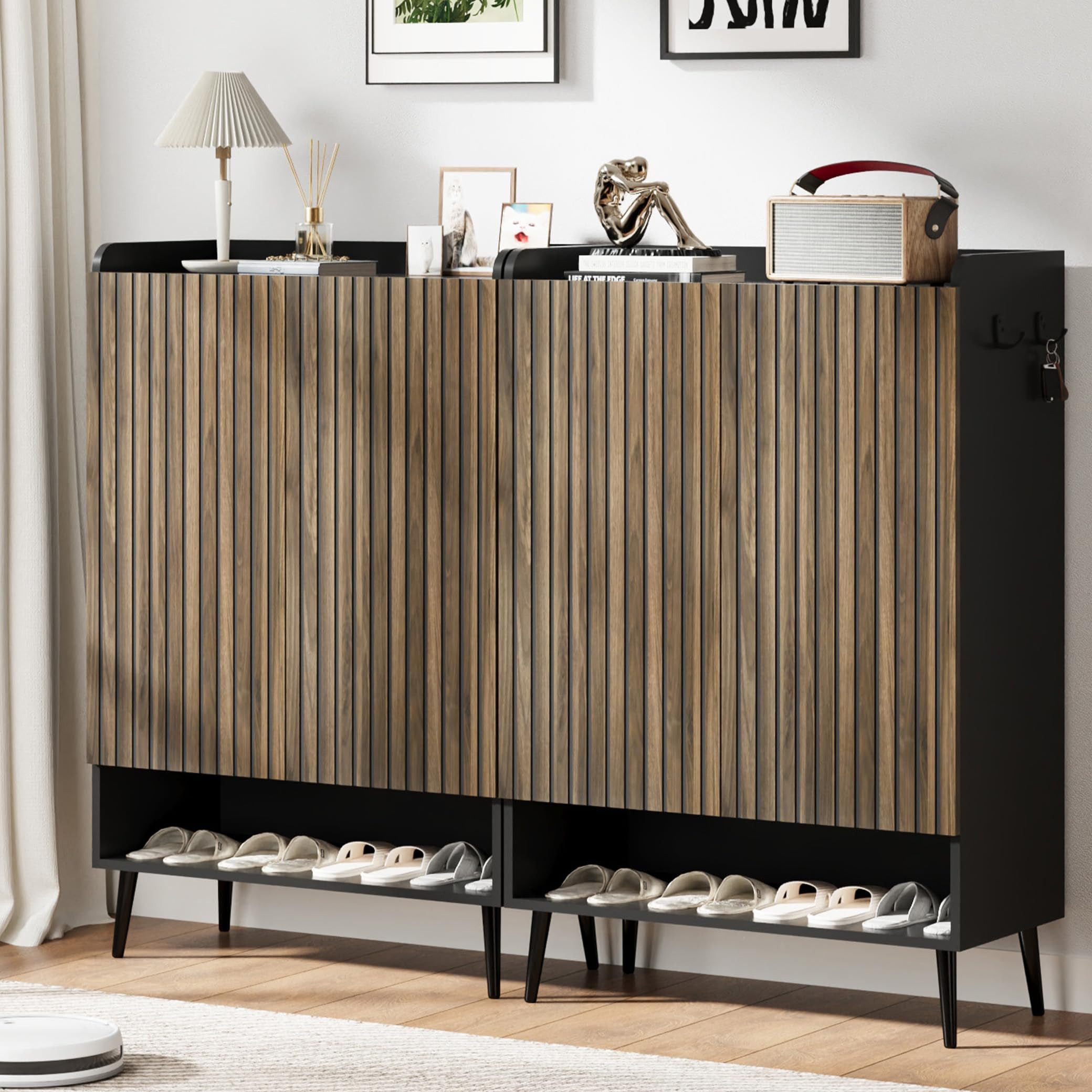 GarveeMore Schuhkipper 2er-Set Mehrzweckschrank mit Garderobenschrank 6 Fächern, Doppeltüren (2 St), 110 cm Höhe Beistellschrank verstellbare Einlegeböden, Haken