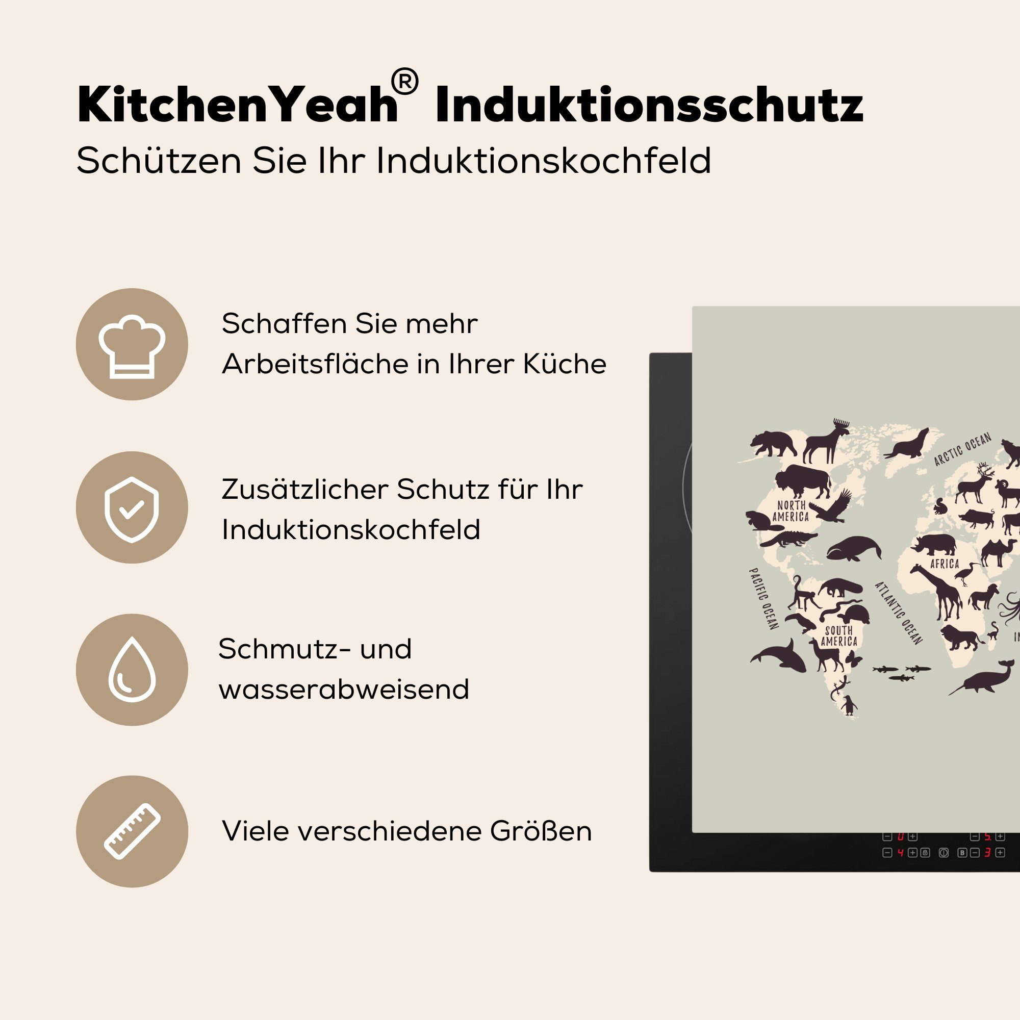 MuchoWow Herdblende-/Abdeckplatte Weltkarte Kinder Ceranfeldabdeckung, für Arbeitsplatte tlg), cm, küche - (1 Vinyl, Beige, 78x78 Tiere 