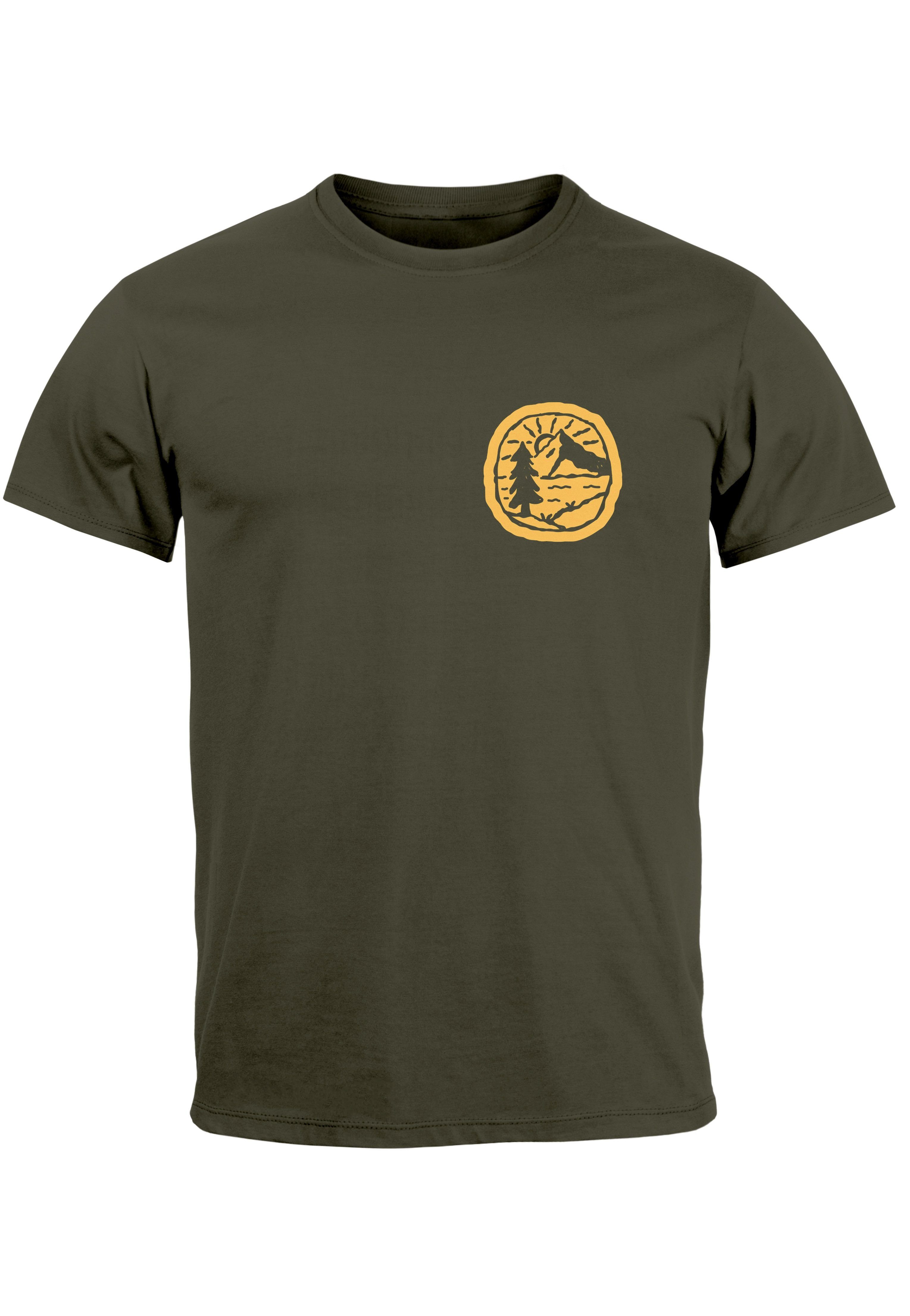 Neverless Print-Shirt Herren T-Shirt Print Logo Badge Landschaft Natur Berge Wandern Outdoor mit Print army