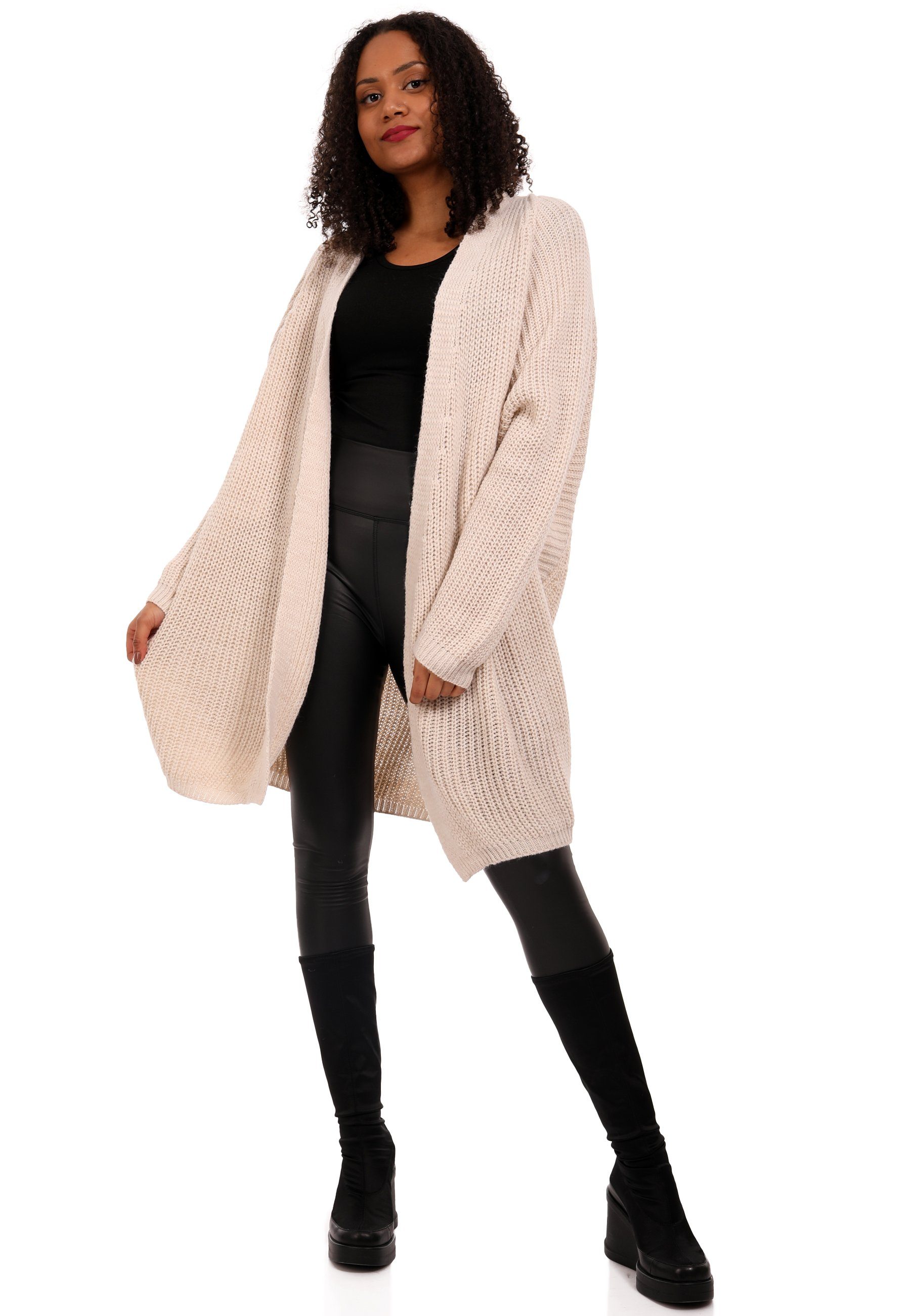 Fashion Cardigan Oversize Ärmeln langen (1-tlg) Strickjacke & YC casual, Cardigan wollweiß Plus mit Style verschlusslos Basic-Form Size