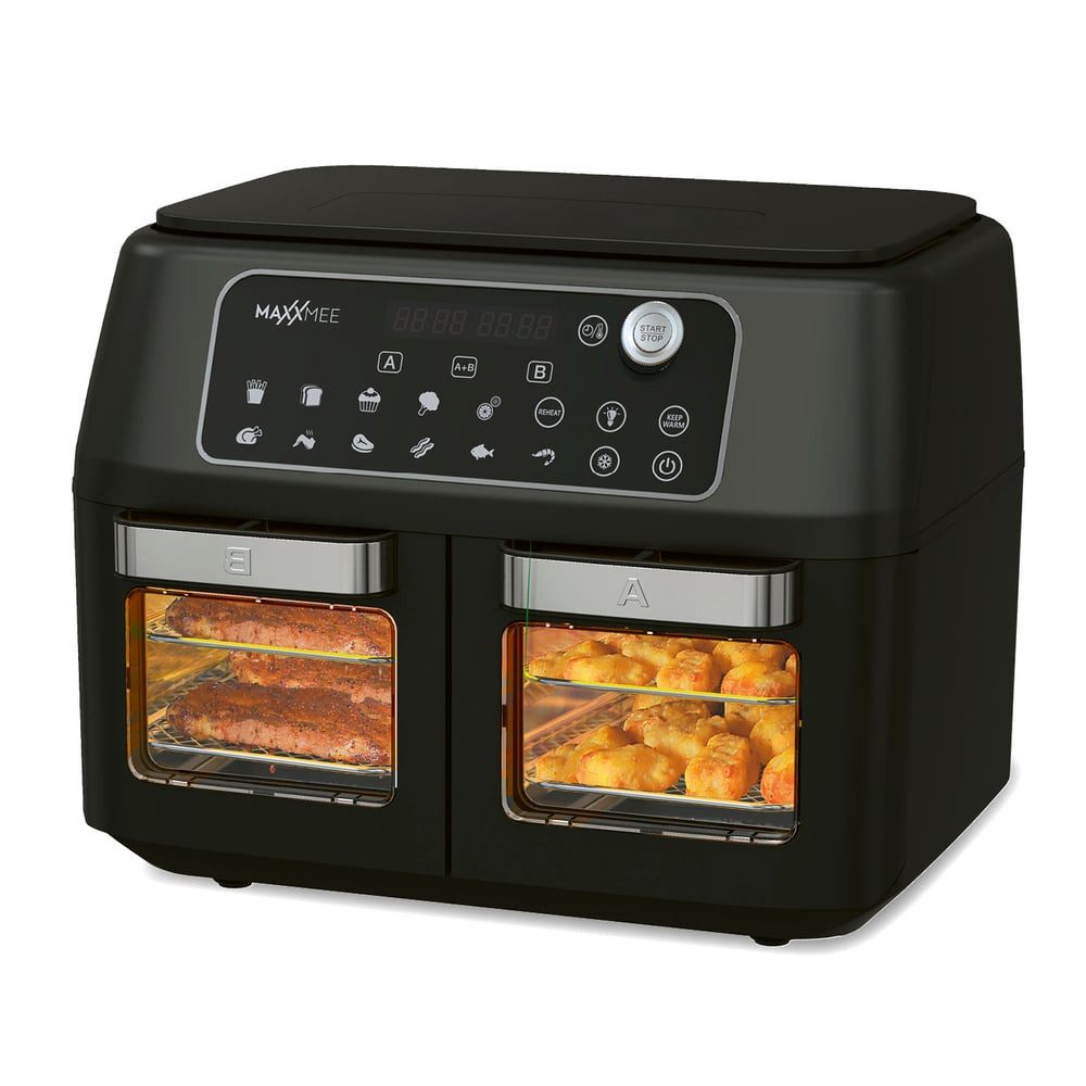 MAXXMEE Heißluftfritteuse Doppelkammer 11L 2 x 5,5l digitale Bedienung & Sichtfenster, 2400 W, besonders fettarm