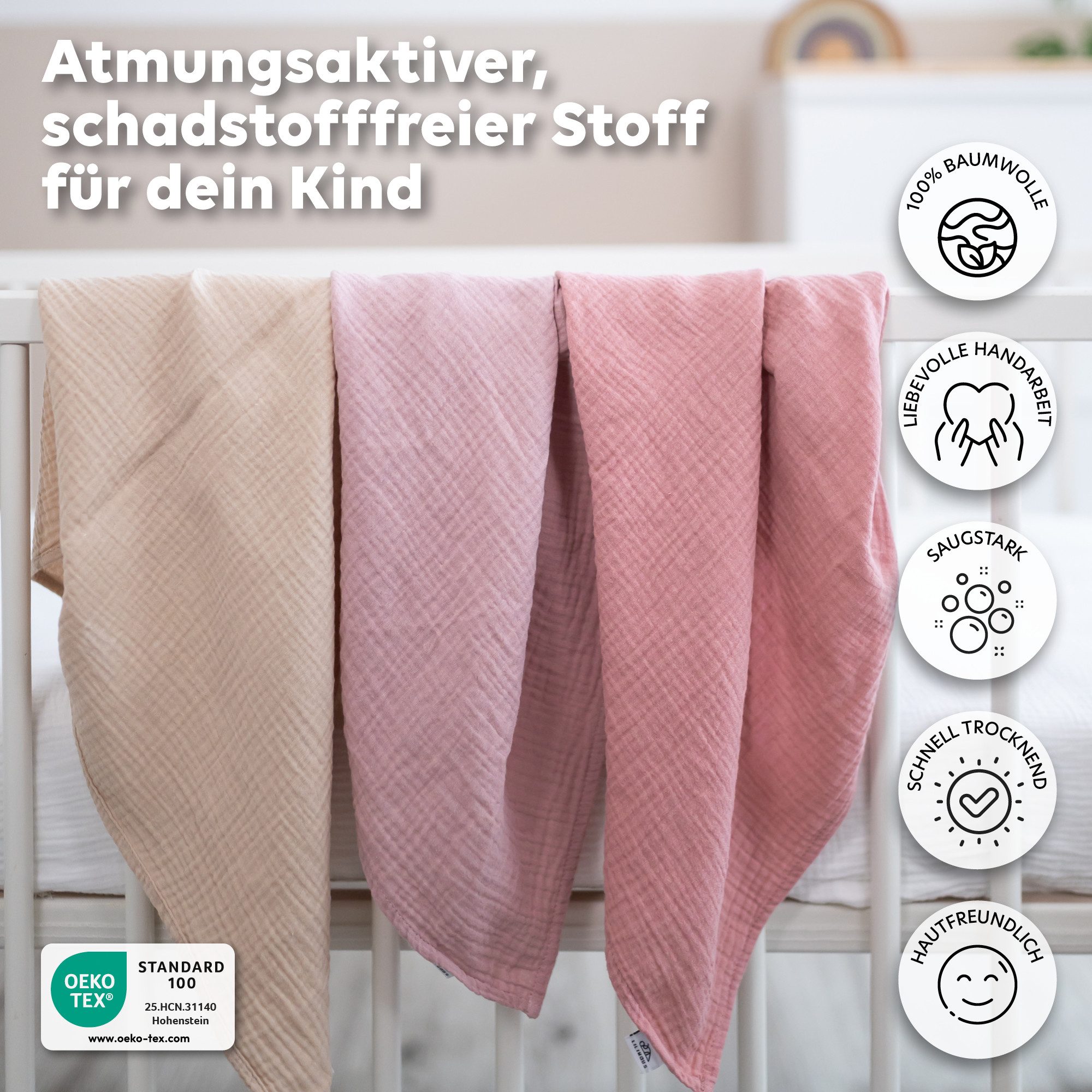 lilimaus Spucktuch Mulltücher für Babys aus 100% Baumwolle - weich & saugfähig, (3-tlg), 3er-Set, saugfähig & schnelltrocknend - auch als Kuscheltuch