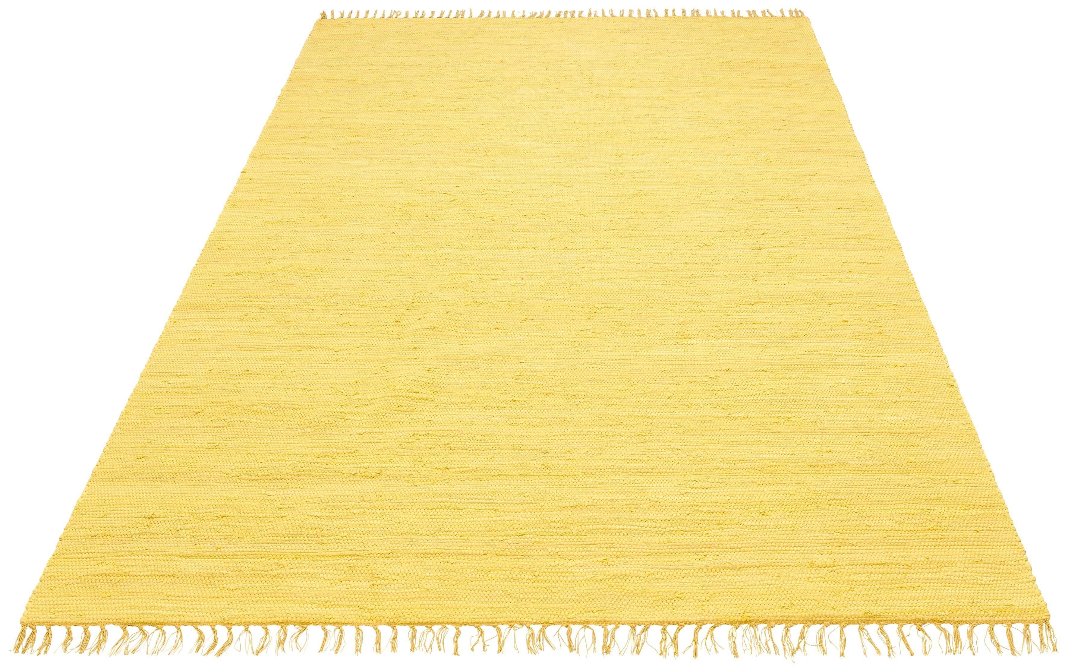 Teppich Paul, Lüttenhütt, rechteckig, Höhe: 5 mm, Wendeteppich, handgewebt, beidseitig verwendbar, mit Fransen gelb