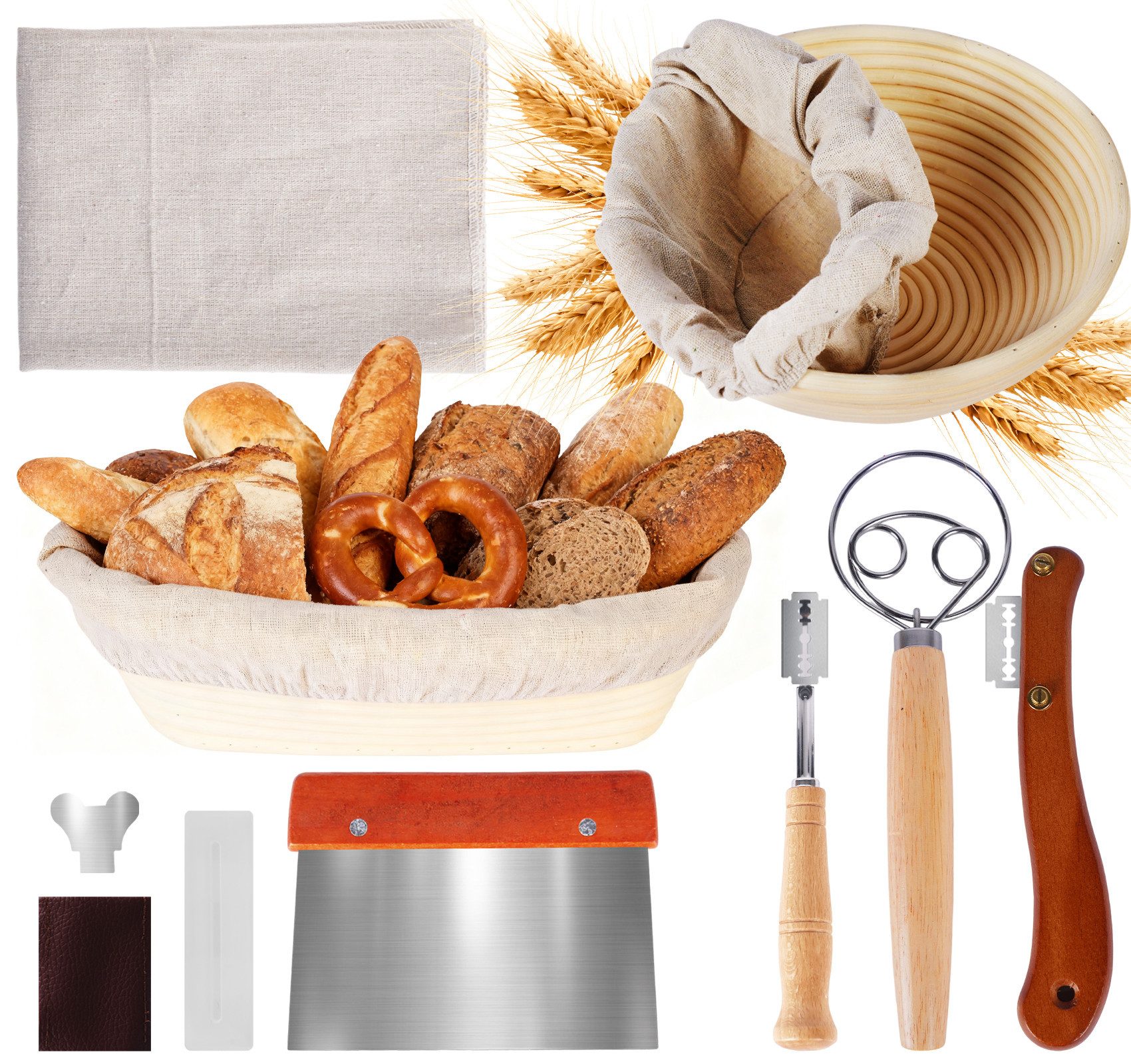 ElitVita Gärkorb Sauerteig Starter Set, Gärkorb Rund und Oval, mit Teigmesser, (Set), Teigschaber Teigrührer Leineneinsatz, Gärkorb Brot für Anfänger Bäcker