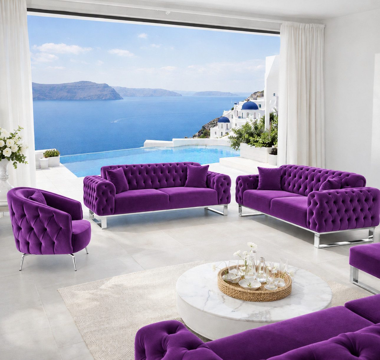 Palms-Store Chesterfield-Sofa Set Santorini 3-Sitzer+2-Sitzer+Sessel in Samtstoff, Spar-Set, in 12 Stofffarben erhältlich