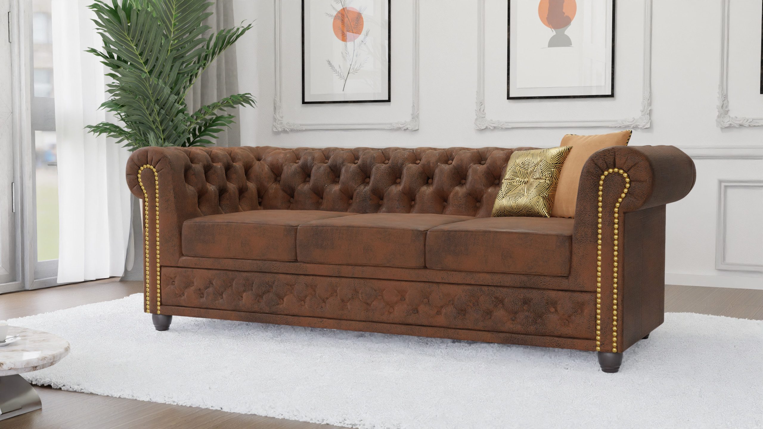 Chesterfield-Sofa Anton 3-Sitzer Sofa aus Vintage Optik Microfaser mit Holzfüßen