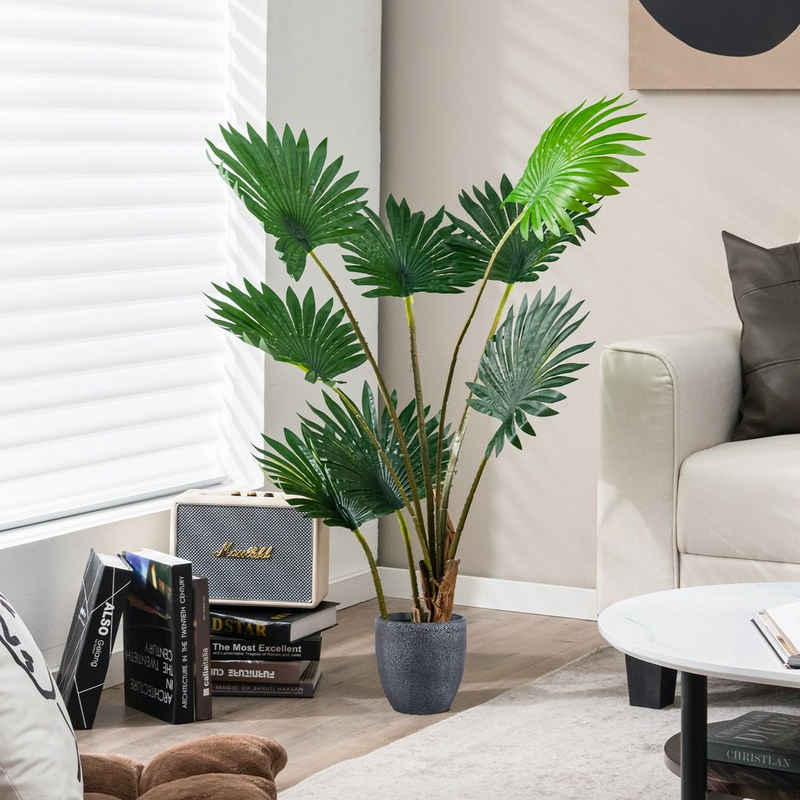 Kunstpflanze »120 cm hoch Dekopalme, Zimmerpflanze«, COSTWAY, Höhe 120 cm, Palmenbaum mit Zementtopf und 8 Blätter