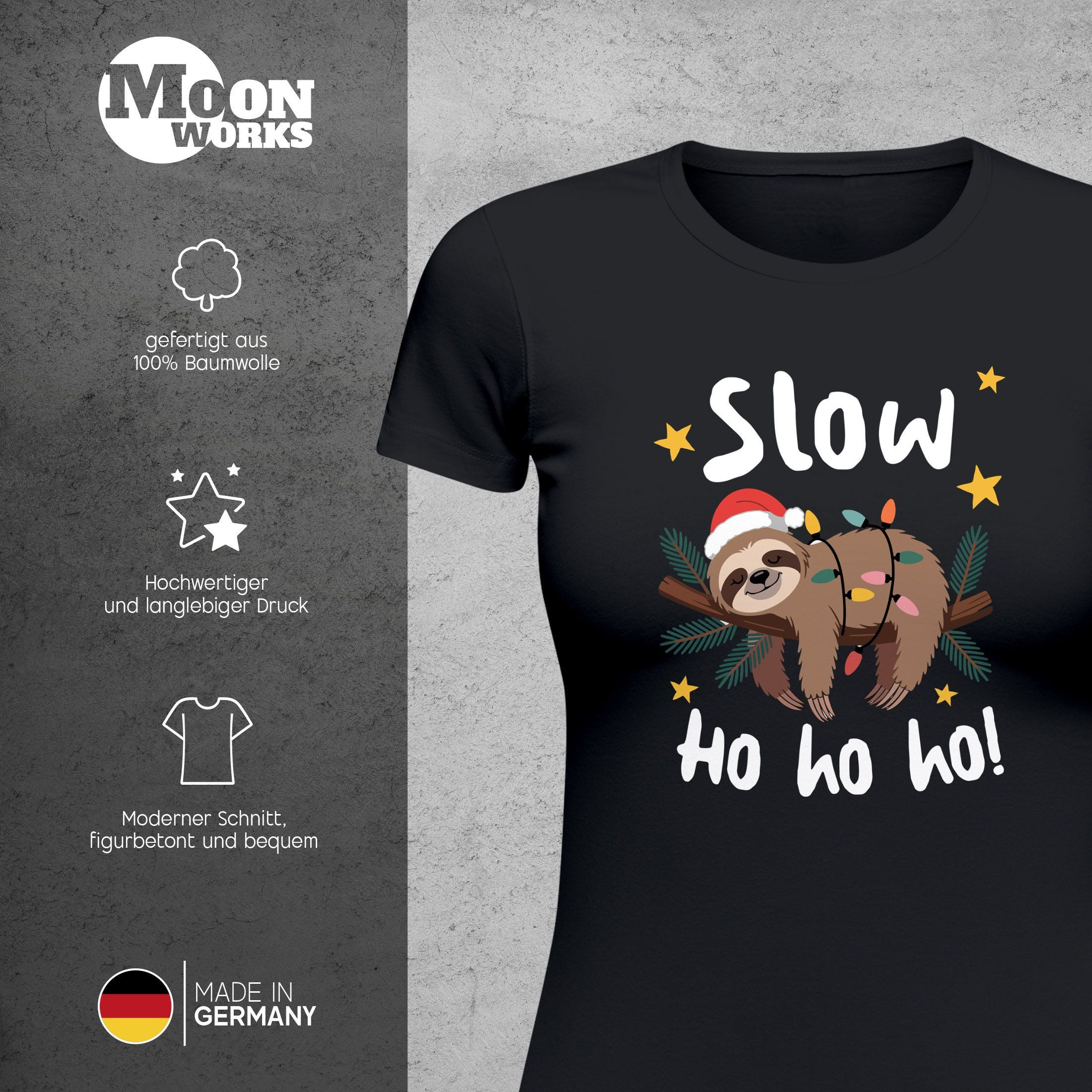 MoonWorks Print-Shirt Weihnachtsshirt Damen Spruch T-Shirt Faultier Spruch Slow Ho Ho mit Print