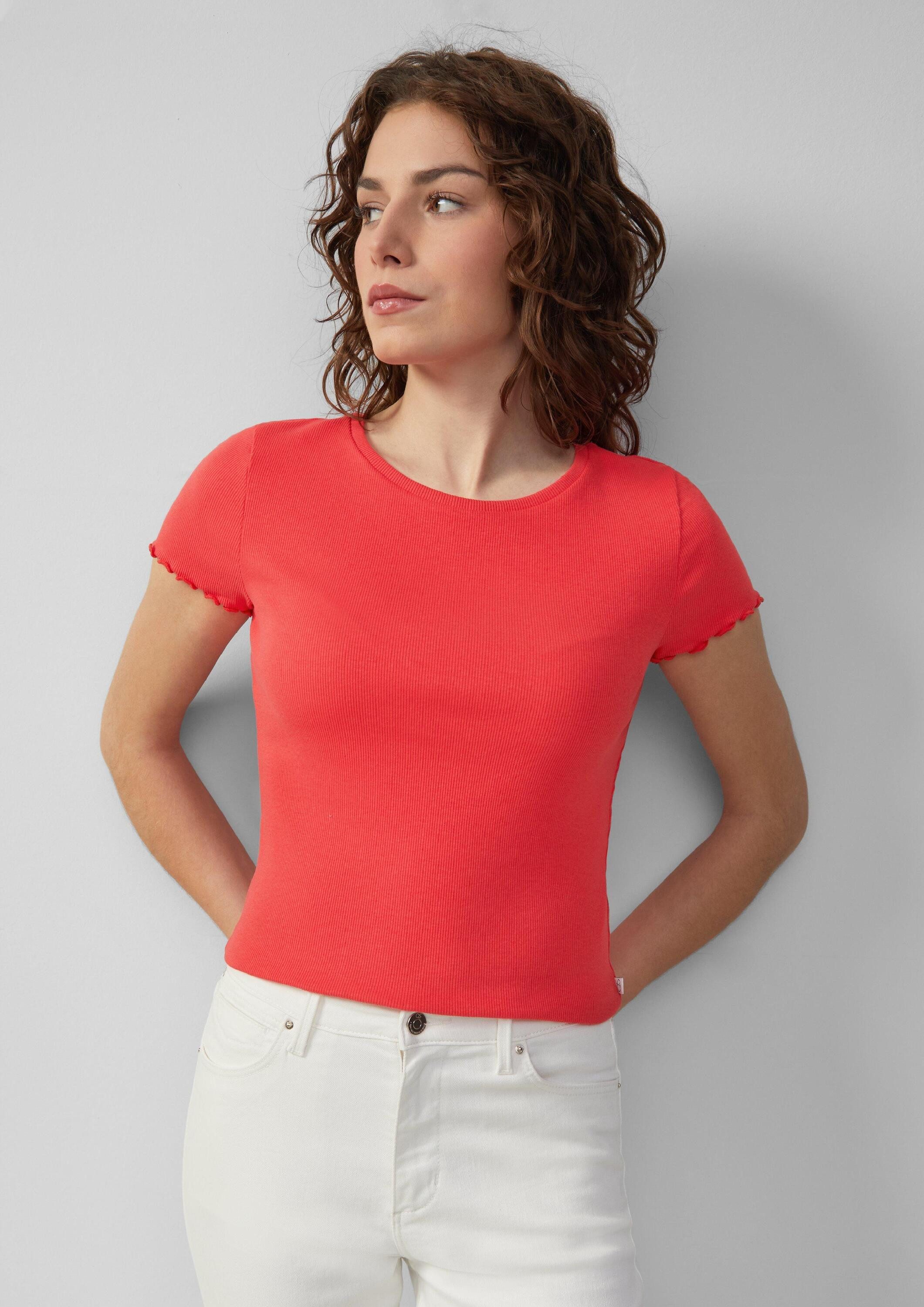 QS Kurzarmshirt T-Shirt Verkürztes Rippshirt mit Rundhalsausschnitt
