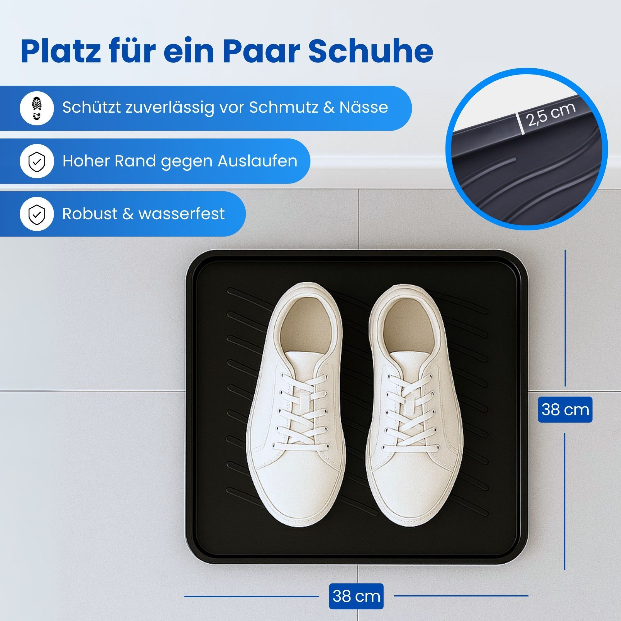 Bestlivings Schuhabtropfschale mit 2,5 cm hohem Rand (1-tlg., 38x38x2,5 cm), je nach Schuhgröße für 1-2 Paar Schuhe geeignet, robust, wasserfest