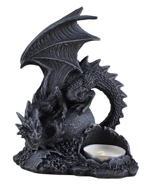 Vogler direct Gmbh Teelichthalter Teelichthalter "Dragon lair" - Drache sitzt auf Drachenei, von Hand coloriert, aus Kunststein, LxBxH ca. 11x9x14cm