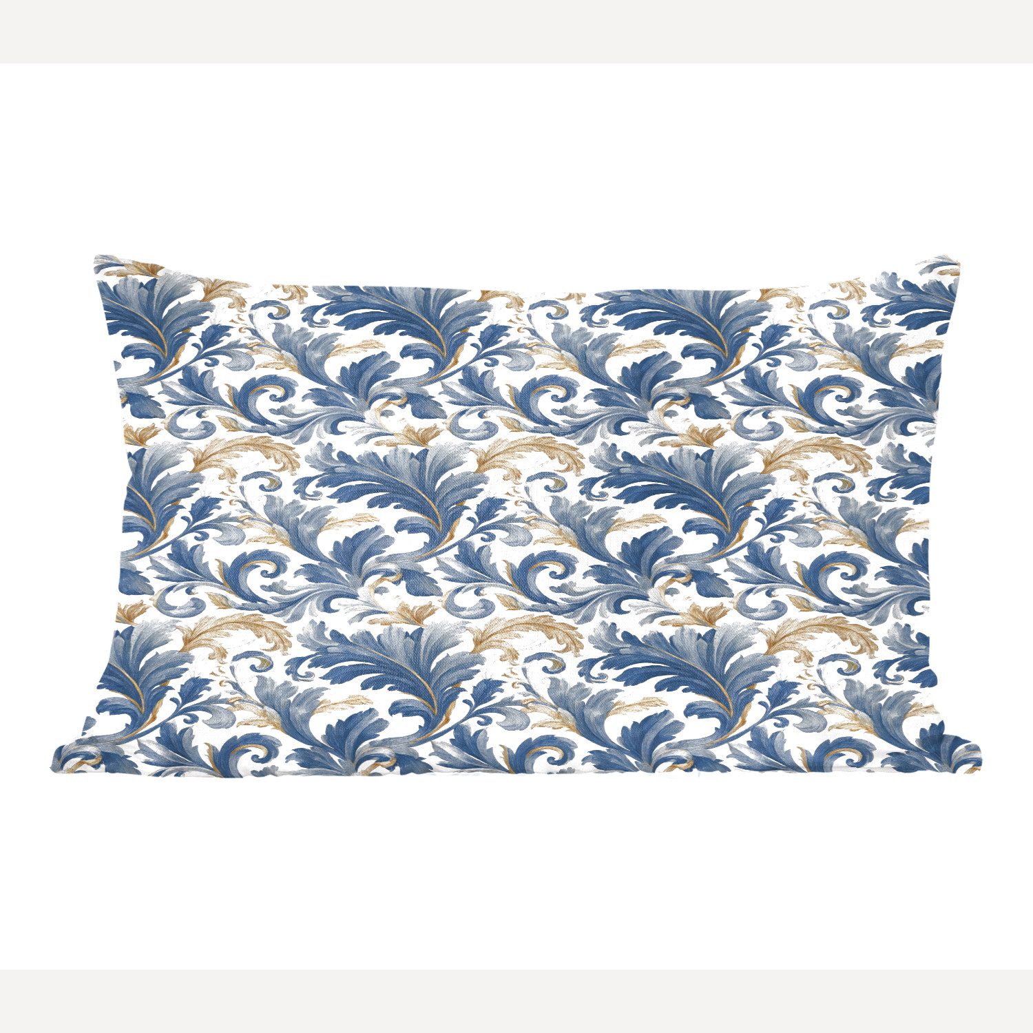 MuchoWow Dekokissen Blume - Blau - Gold - Muster, Dekoration, Zierkissen, Kissen mit Füllung, 50x30 cm